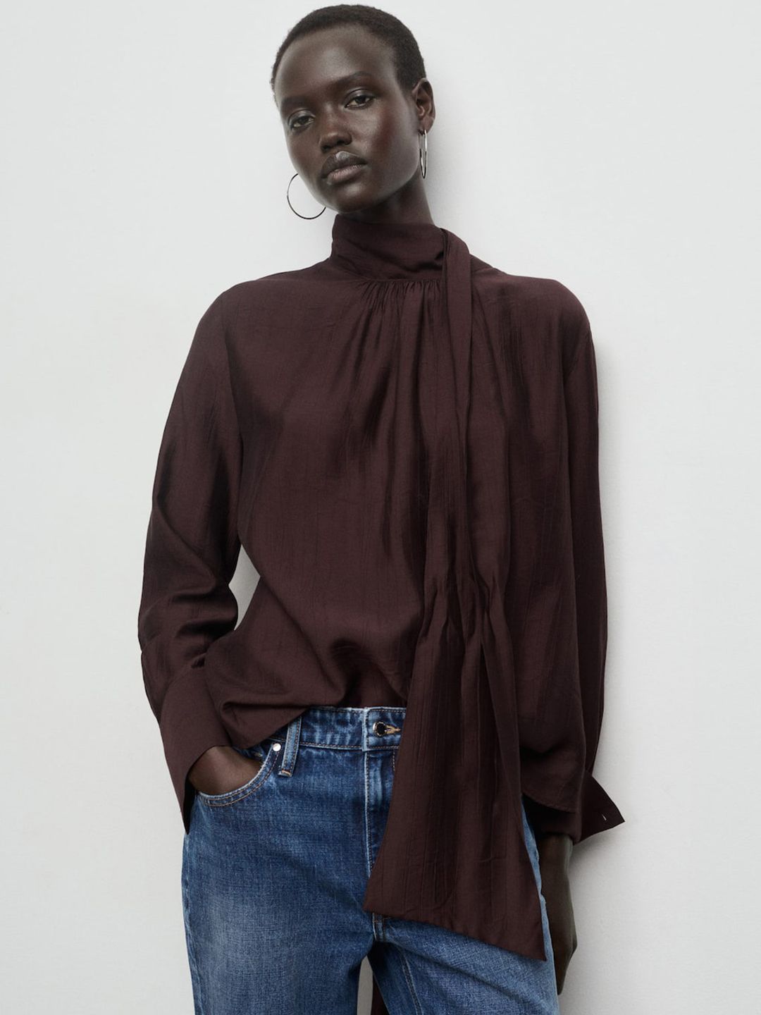 Textured Cuffed Sleeves Gathers Scarf Neck Top