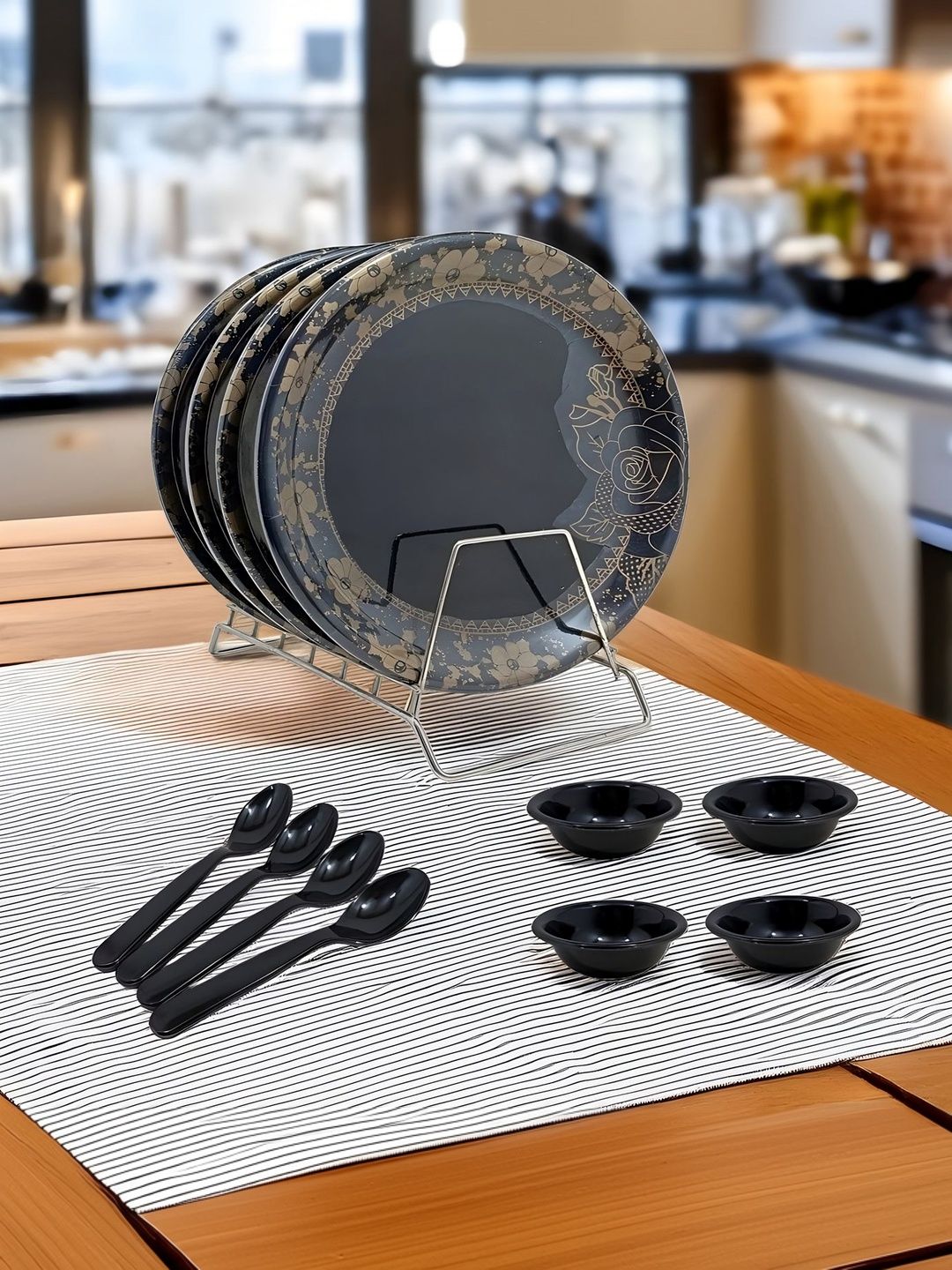 Inpro Black 2025 12 Pieces Melamine Easy to Clean Dinner Set of
