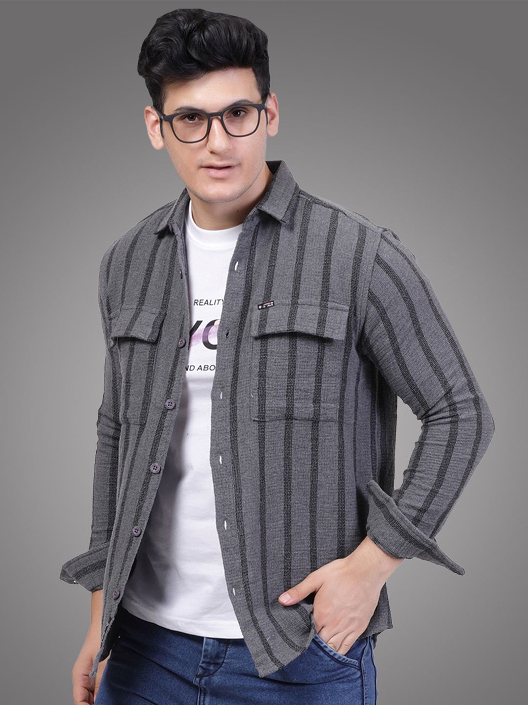 D Finish Men Smart Fit Vertical Striped Spread Collar Cotton Casual Shirt
