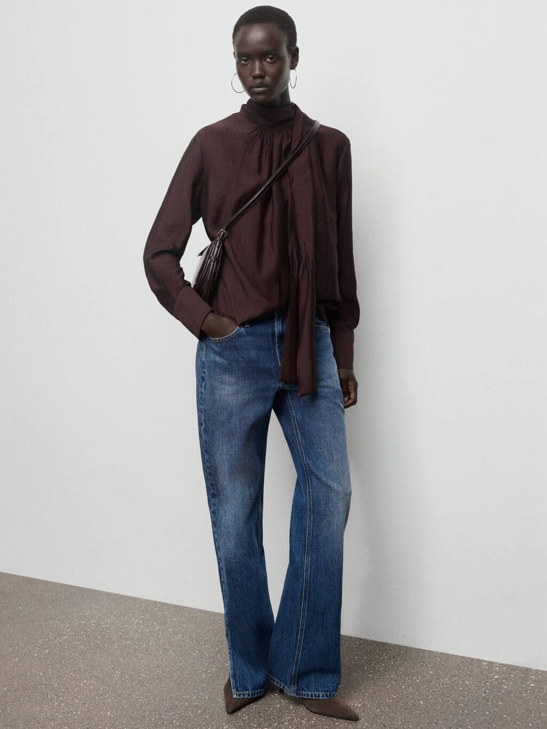 Textured Cuffed Sleeves Gathers Scarf Neck Top