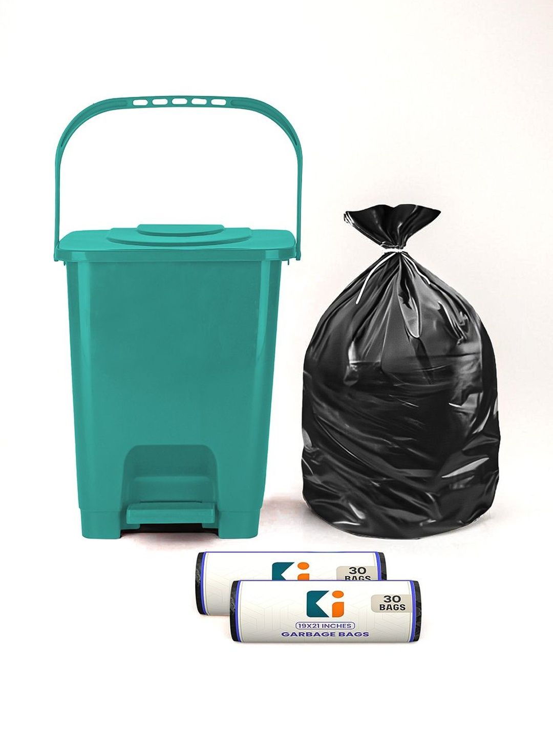 Kuber Industries Green Square Pedal Dustbin With 2 Roll-10L
