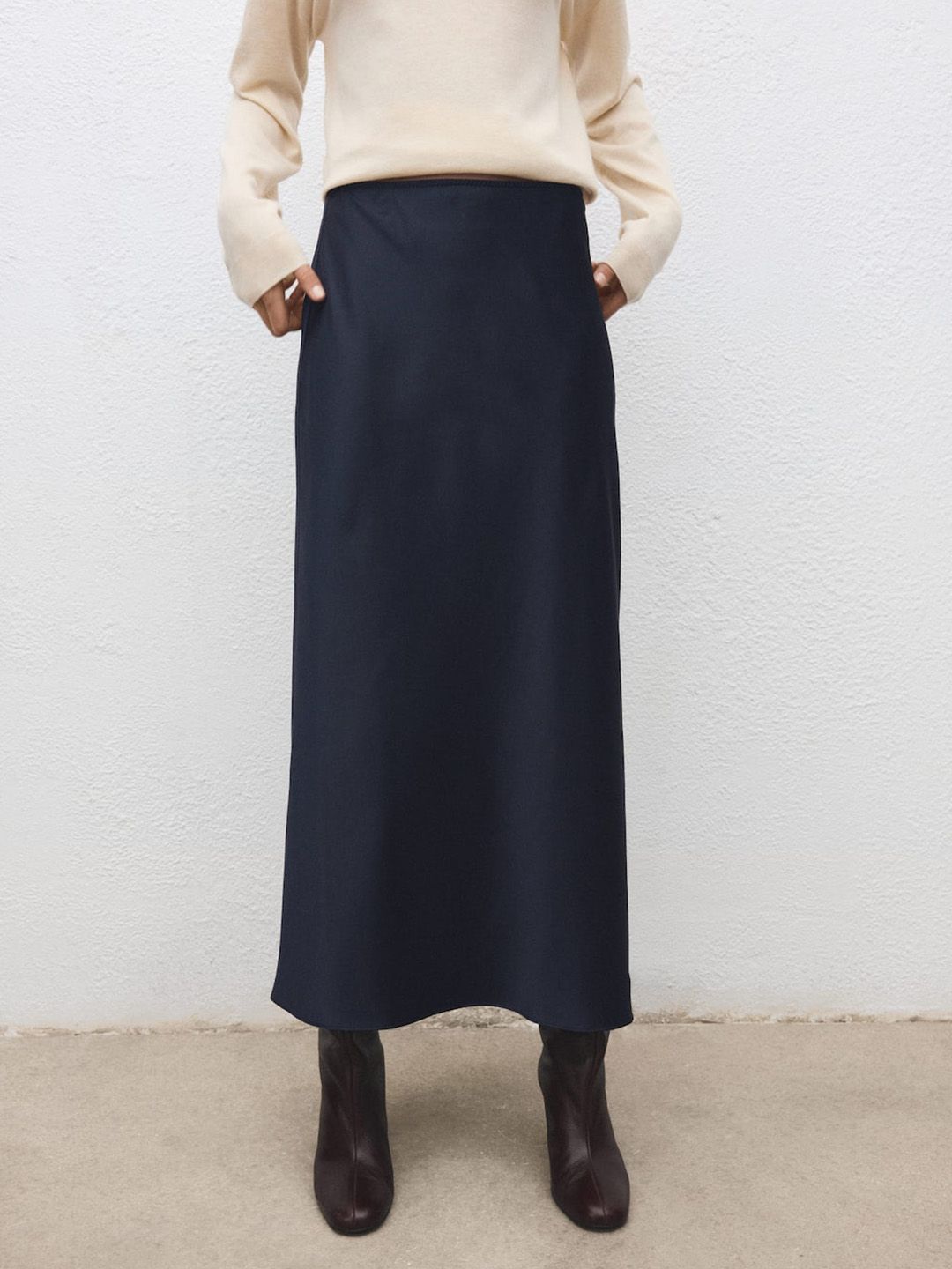 Satin Finish Flared Midi Skirt