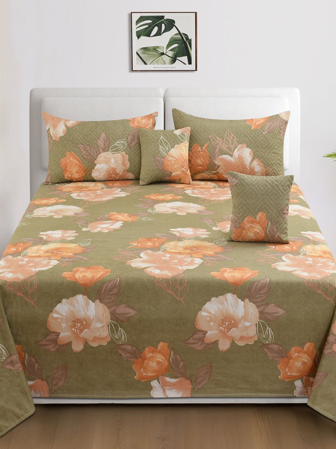 Homio Homio Green Floral 300 TC King Bedsheet with Pillow Covers