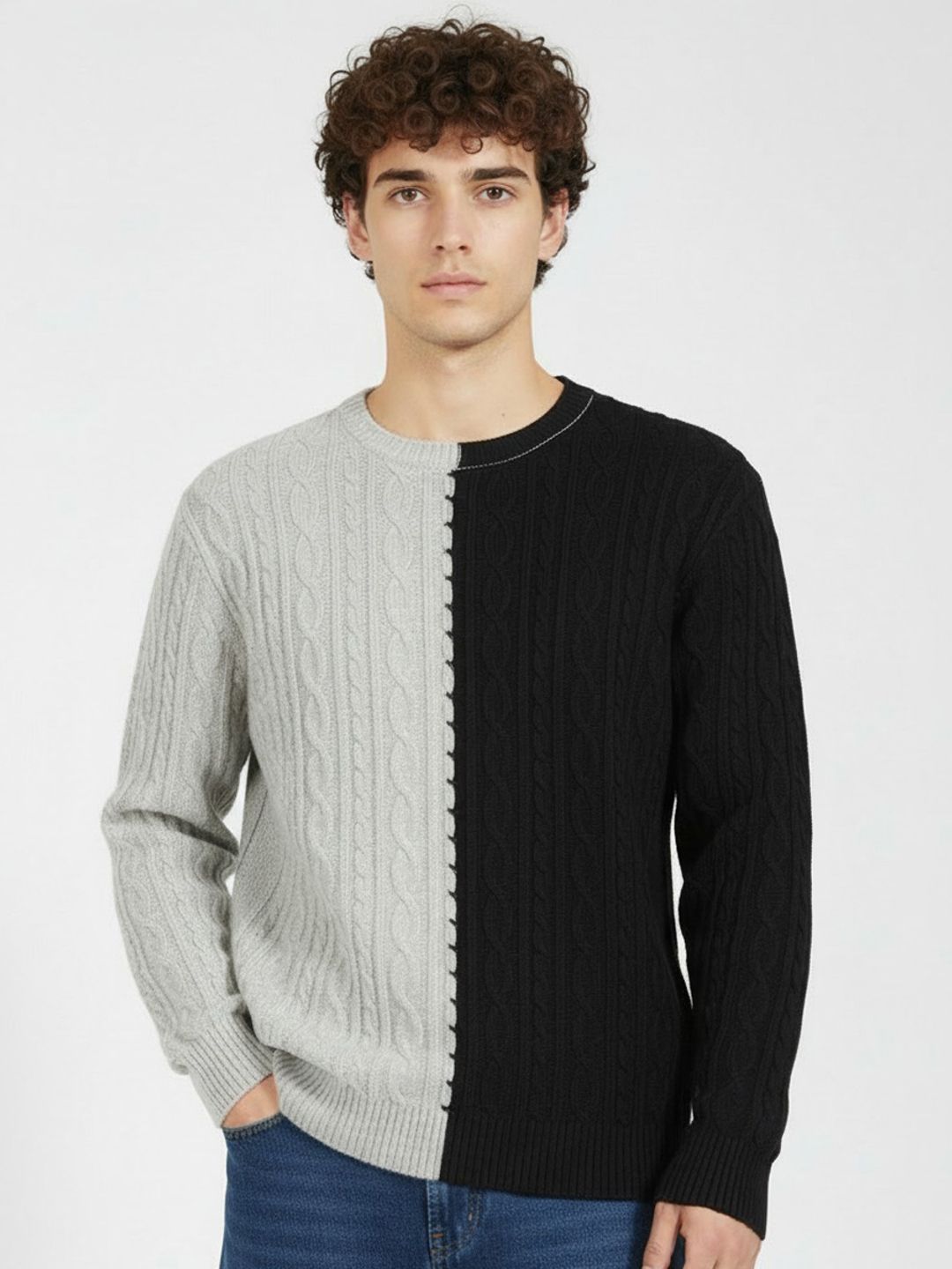 glitchez Cable Knit Colourblocked Relaxed Fit Pullover