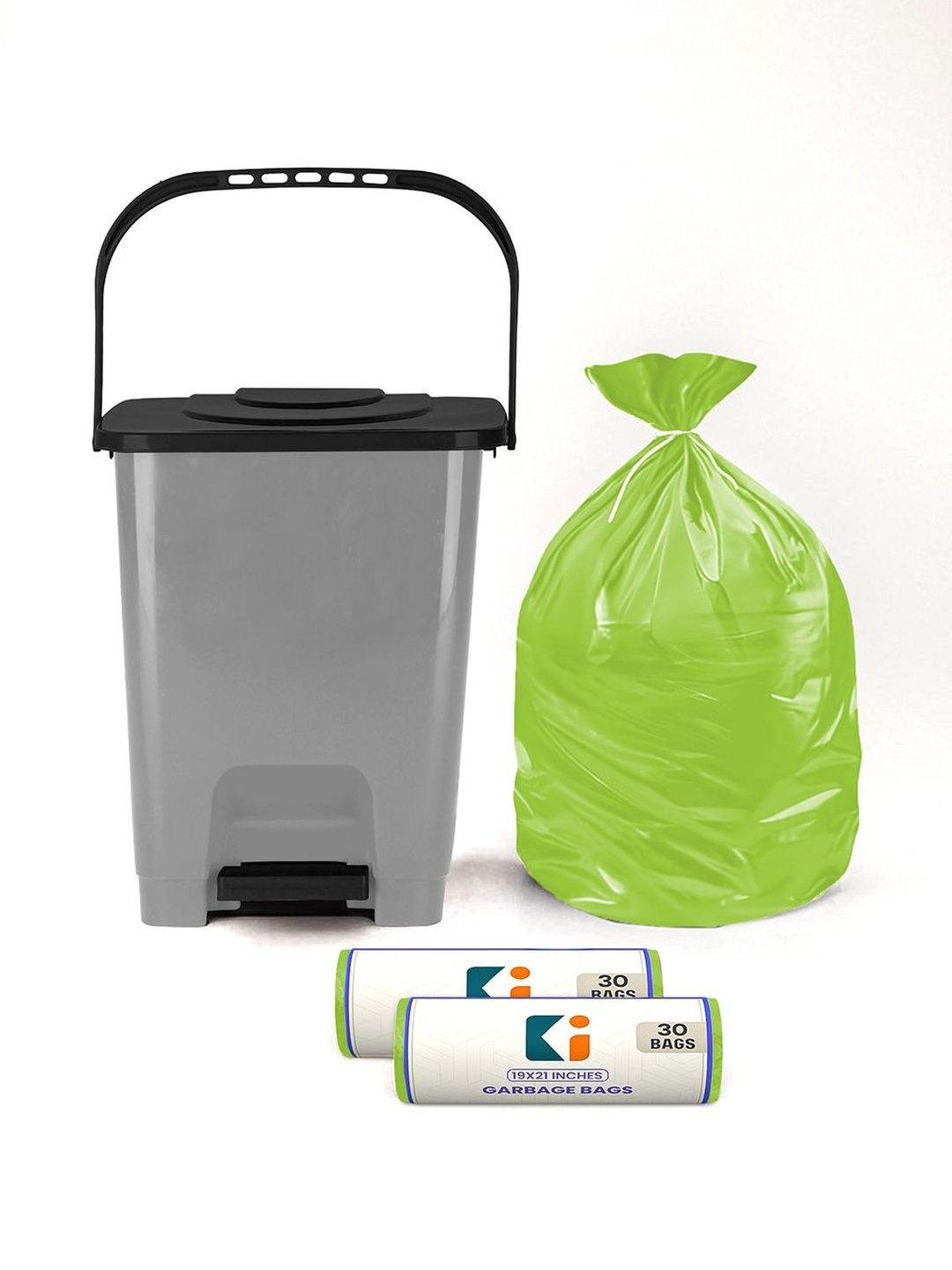 Kuber Industries Grey & Black Square Pedal Dustbin With 2 Roll-10L