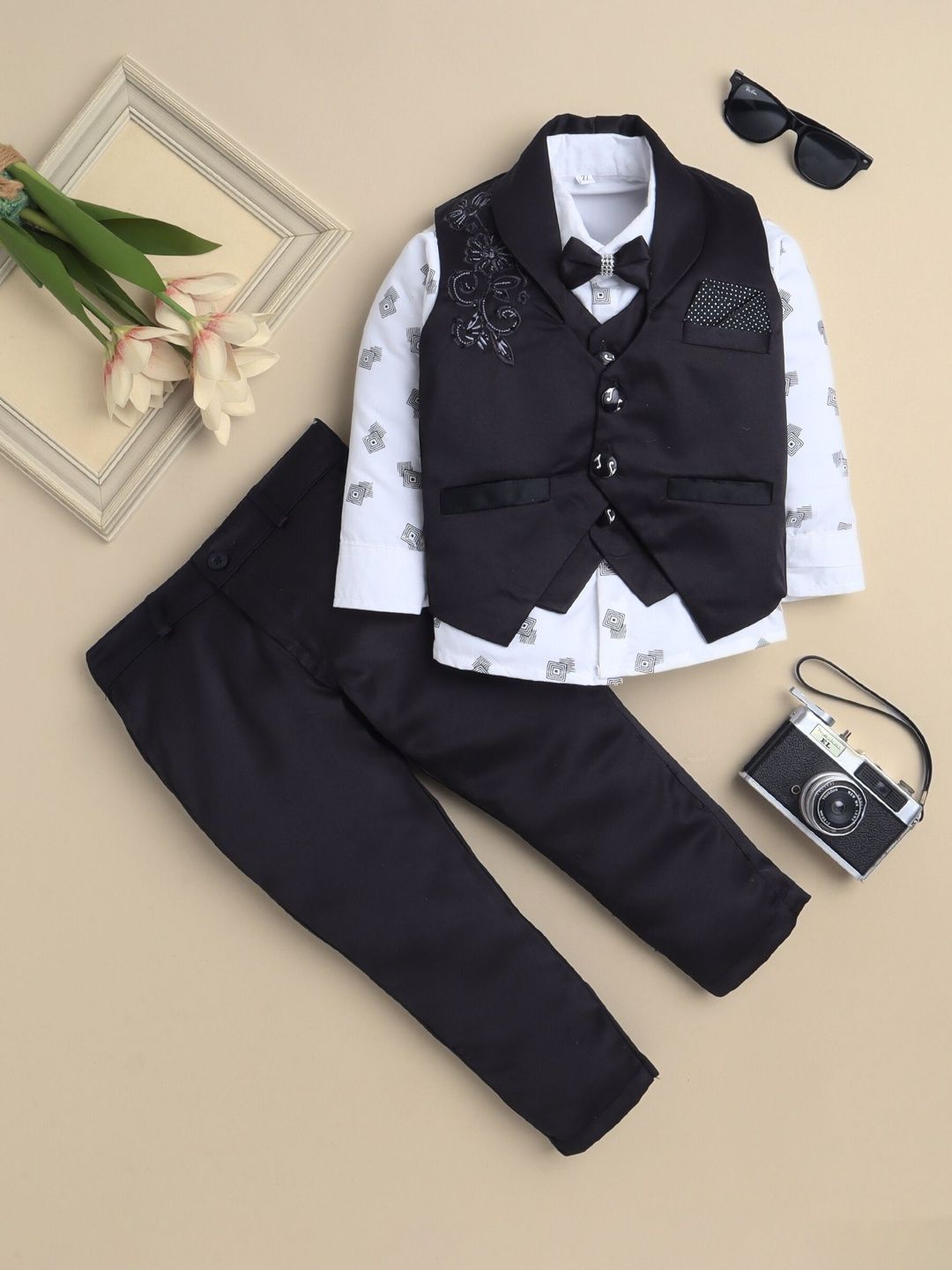 Sangria Boys Embroidered 3 Piece Suit Set With Bow