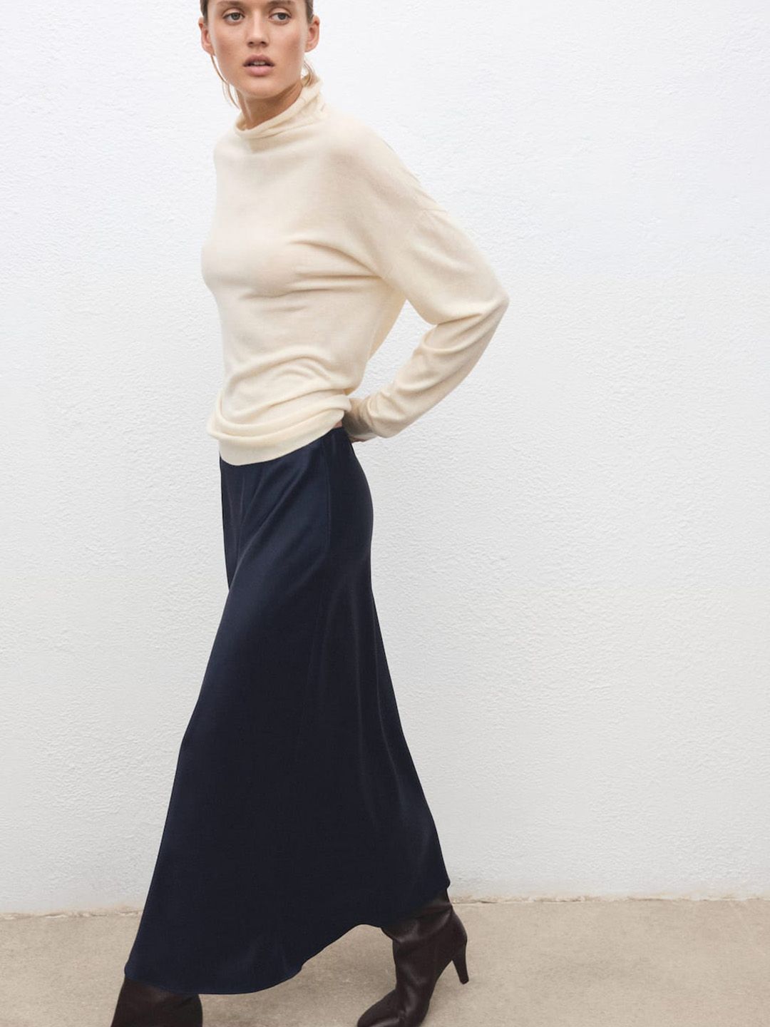 Satin Finish Flared Midi Skirt