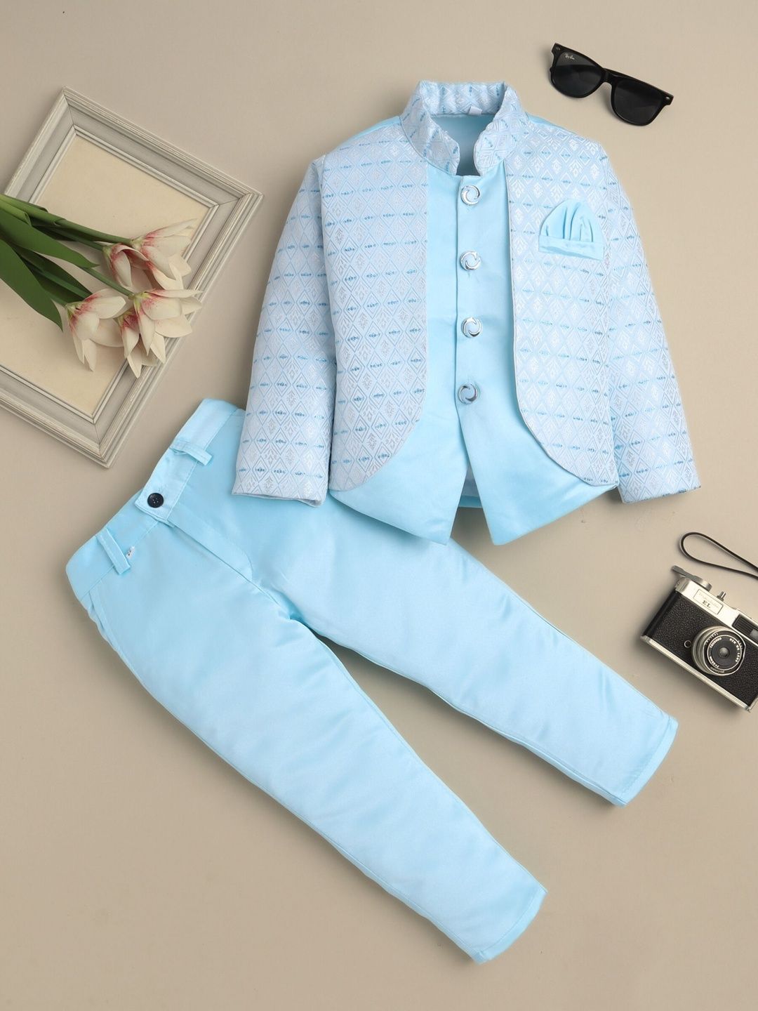 Sangria Boys Geometric Sequined Bandhgala Blazer & Trouser Suit Set