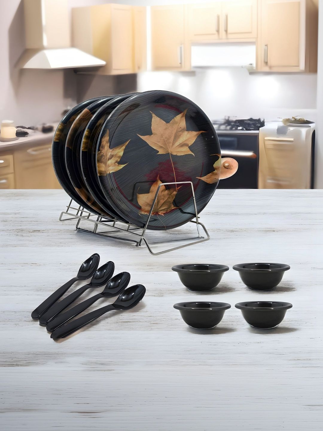 Inpro Black & Brown 12 Pieces Melamine Easy to Clean Dinner Set