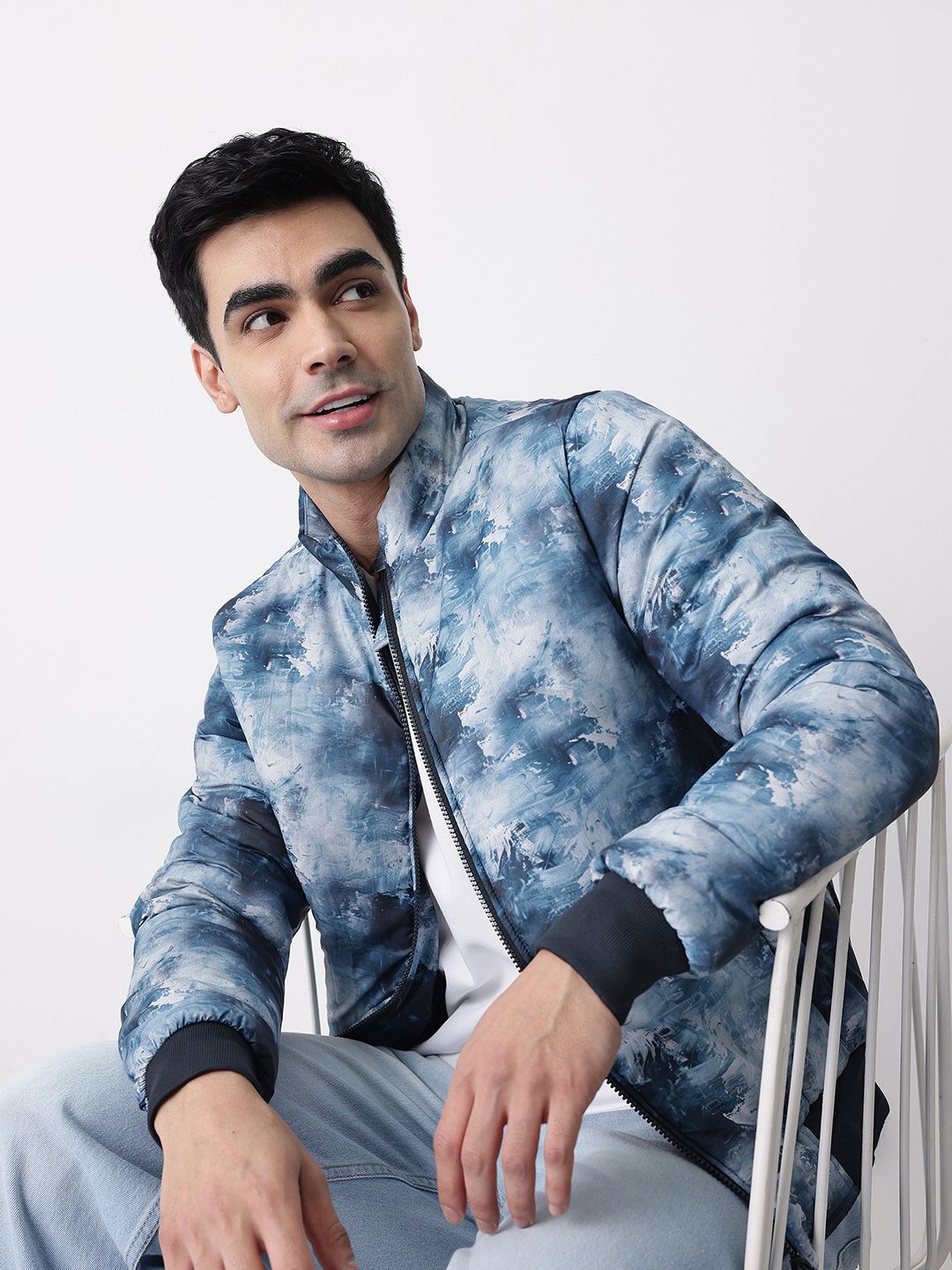 Mast & Harbour Abstract Print Mock Collar Padded Bomber Jacket