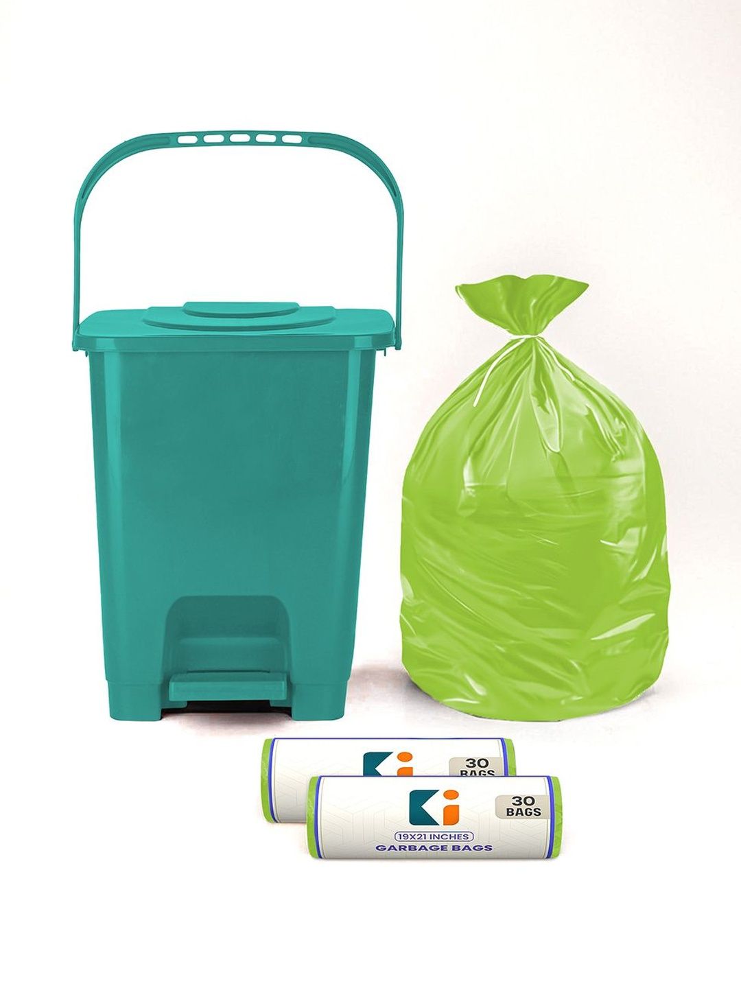 Kuber Industries Green Square Pedal Dustbin With 2 Roll-10L