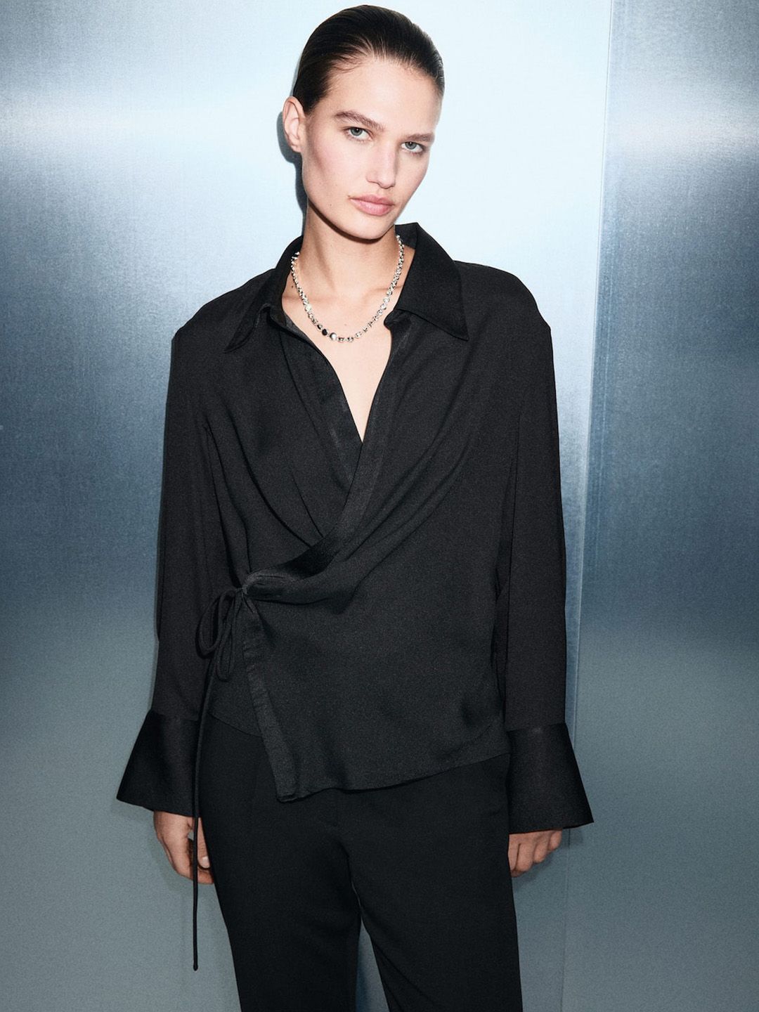 Spread Collar Tie-Up Wrap Satin Casual Shirt