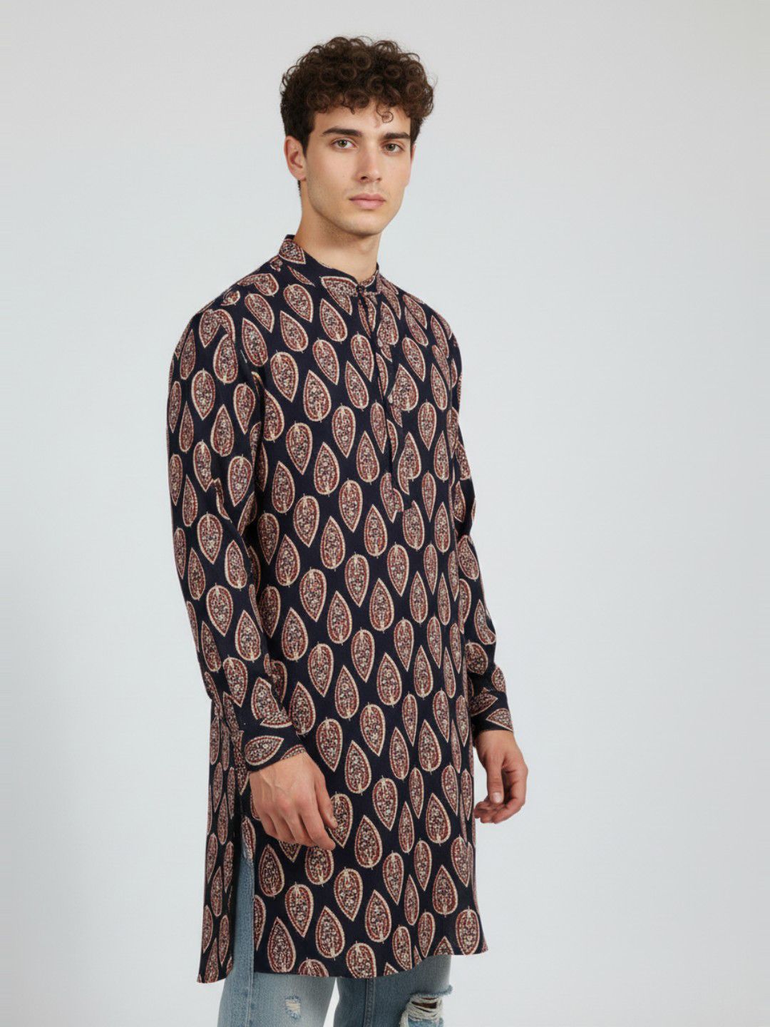 Anouk Rustic Ethnic Motifs Printed Band Collar Straight Kurta
