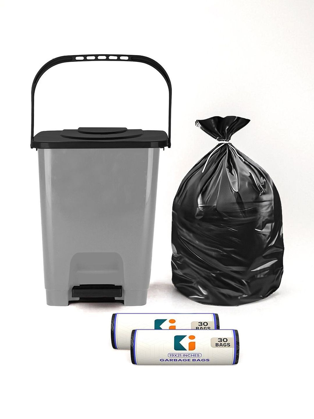 Kuber Industries Grey & Black Square Pedal Dustbin With 2 Roll-10L