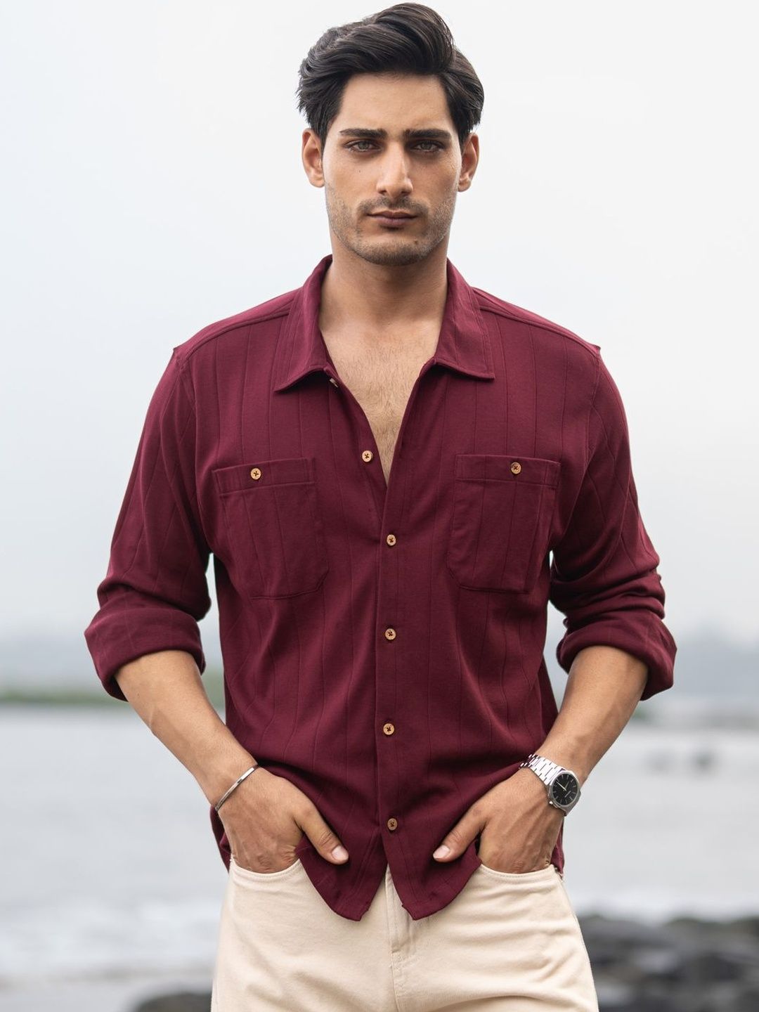 Powerlook d Knitted Striped Cotton Long Sleeves Shirt