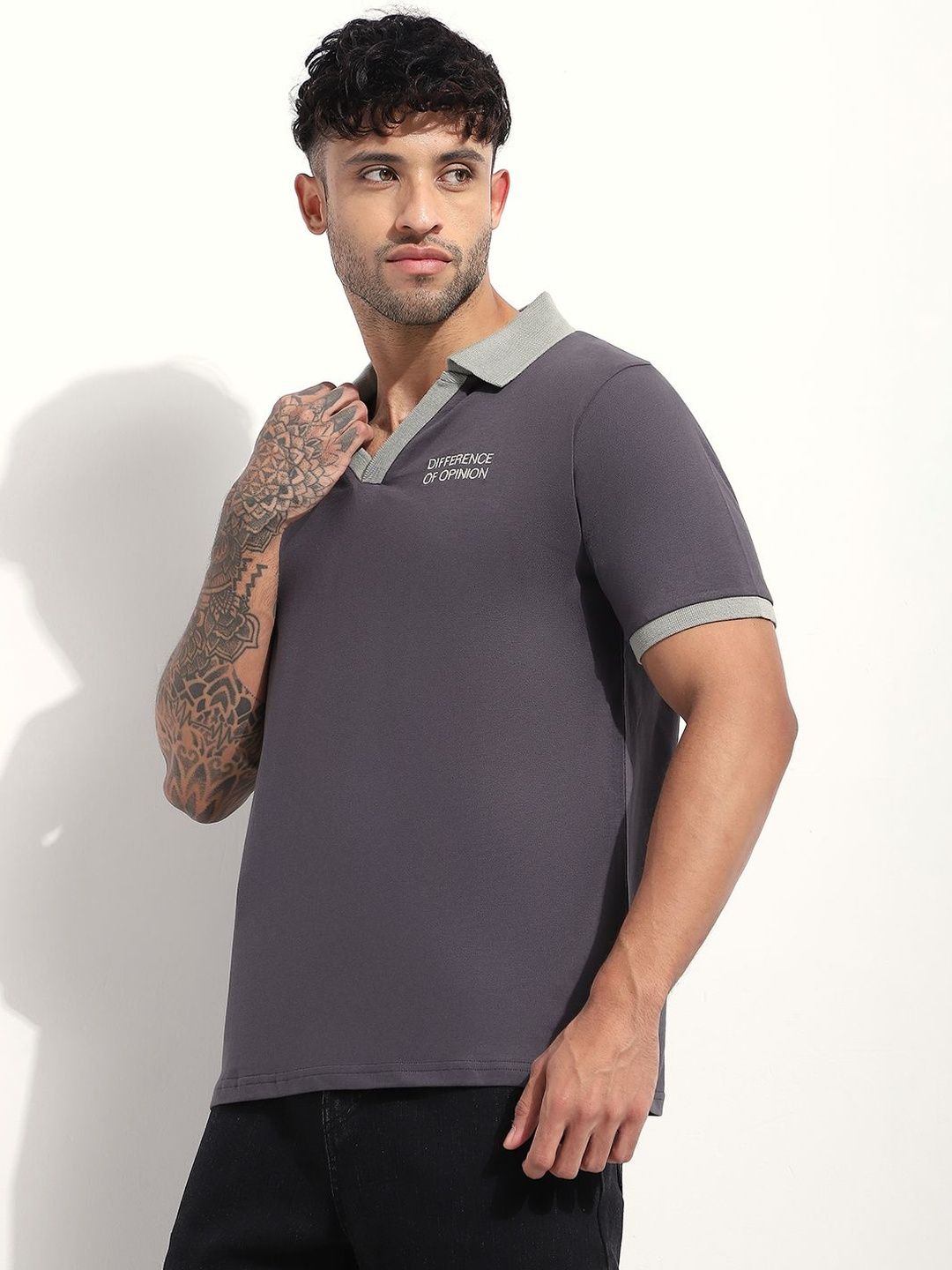 Difference of Opinion Men Embroidered Polo Collar Relaxed Fit Tshirts