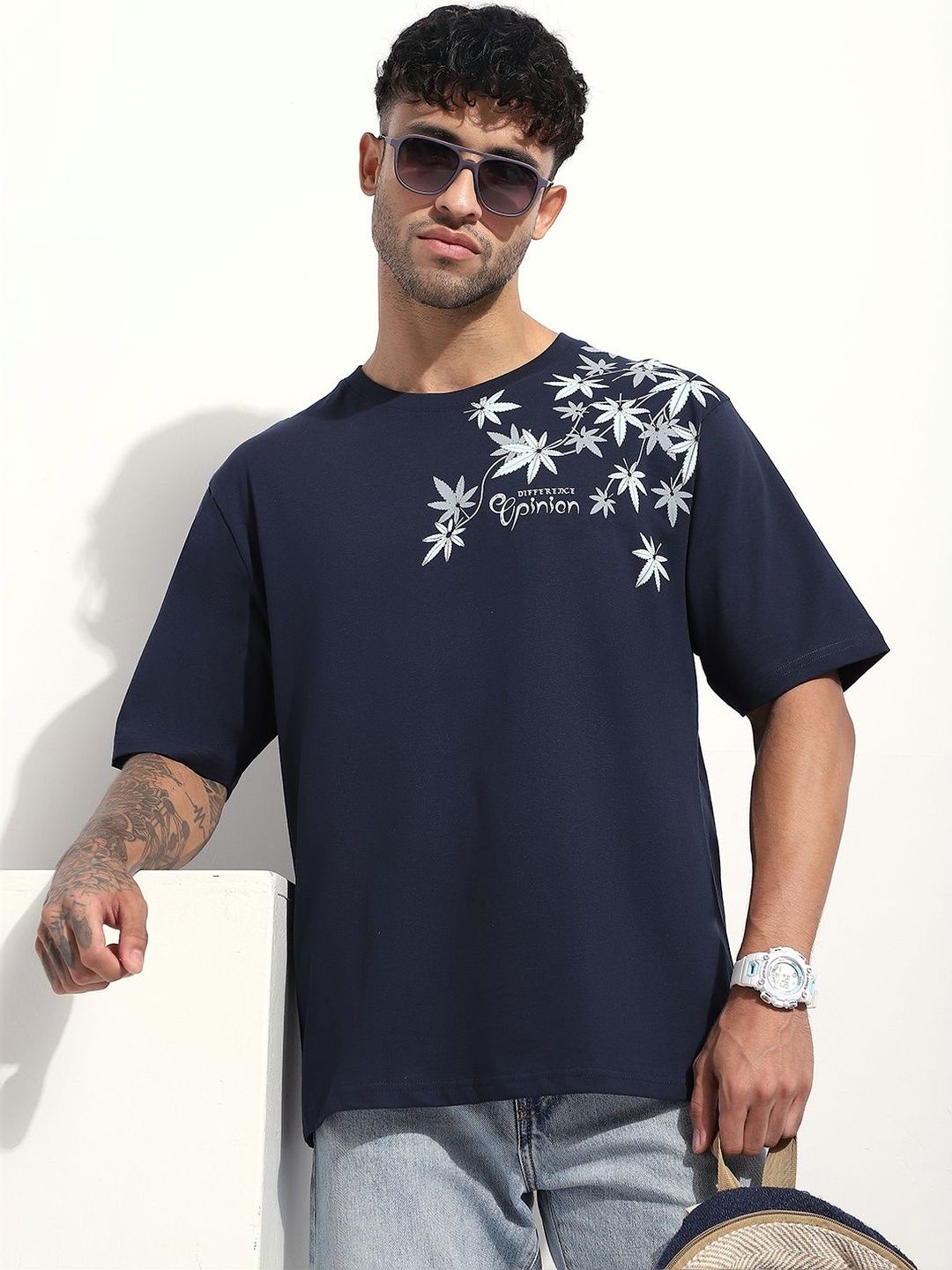 Difference of Opinion Men Embroidered Round Neck Oversized T-shirt