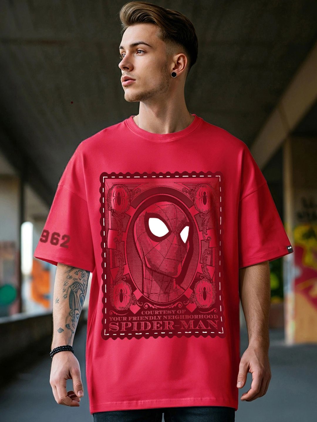 Bewakoof Men Spider-Man Graphic Printed Round Neck Cotton Oversized T-shirt