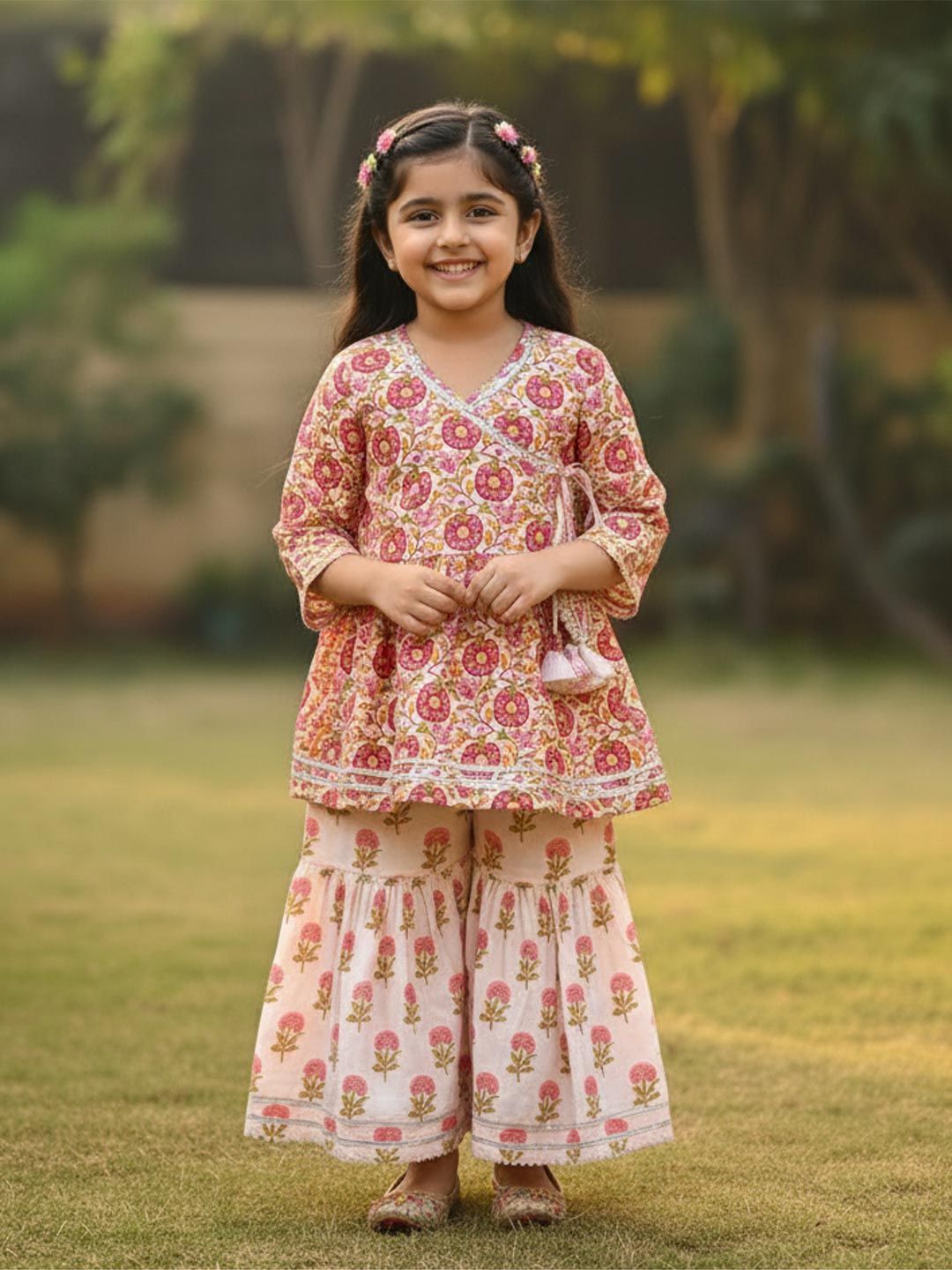 Baal Leela Gulnaar Kids Floral Printed V-Neck Angrakha Anarkali Pure Cotton Sharara Set