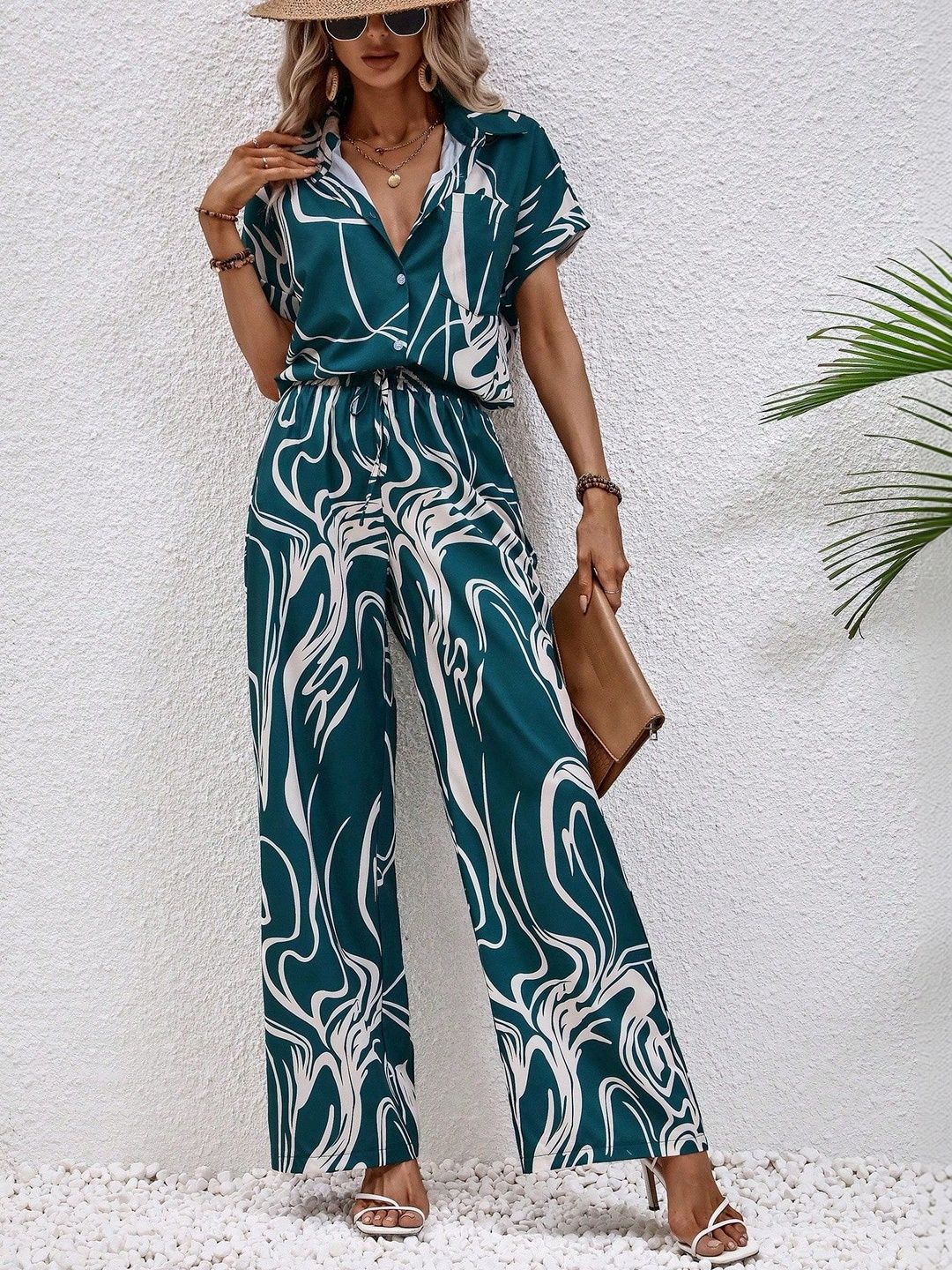 LERIYA FASHION Printed Shirt Collar Shirt & Trousers Co-Ords