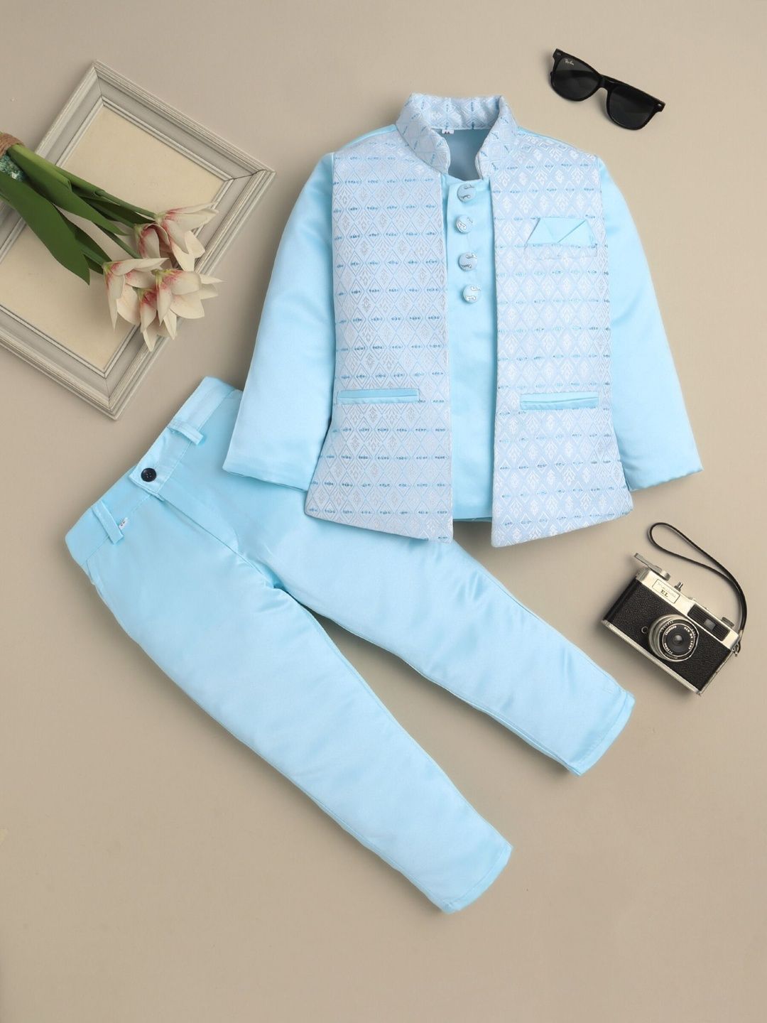 YK Boys Geometric Sequined Self-Design Mandarin Collar Two-Piece Suit