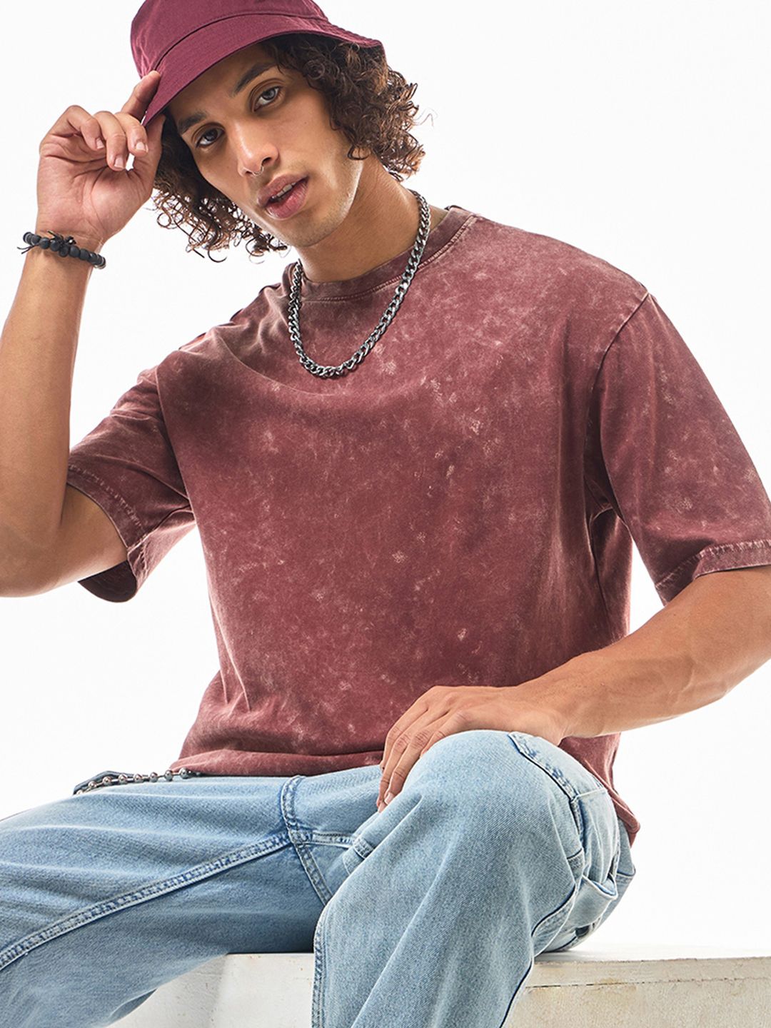 Bewakoof Red Oversized Cotton Acid Wash T-shirt