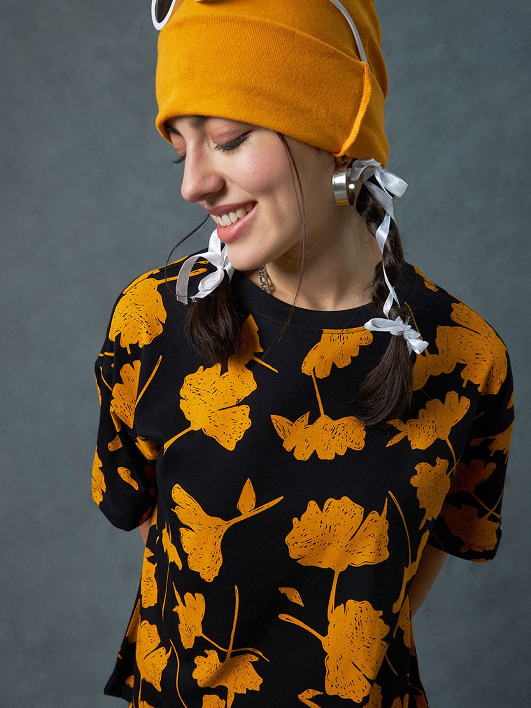 Bewakoof Floral Printed Drop-Shoulder Sleeves Oversized  Pure Cotton T-shirt