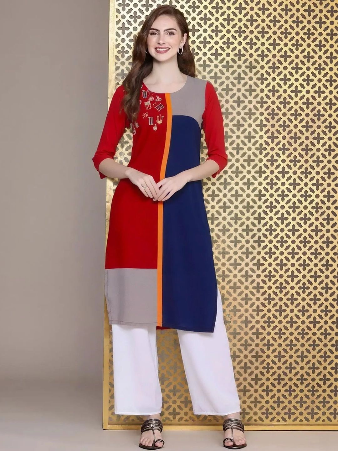 arangya Women Colourblocked Thread Work Crepe Kurta