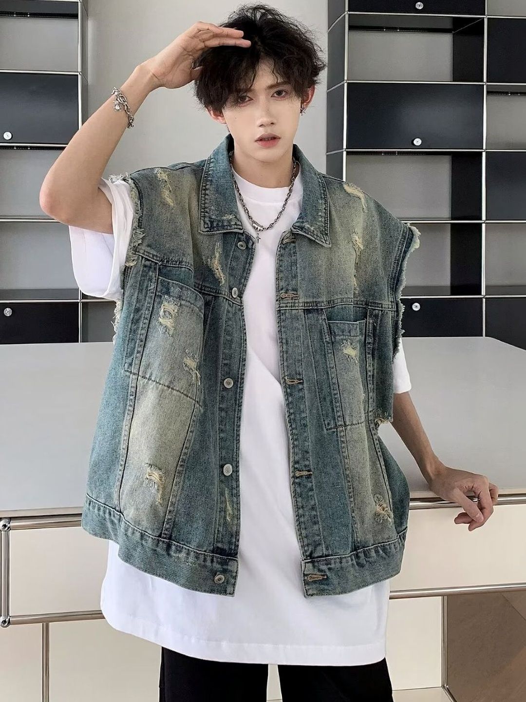 KPOP Men Washed Denim Jacket
