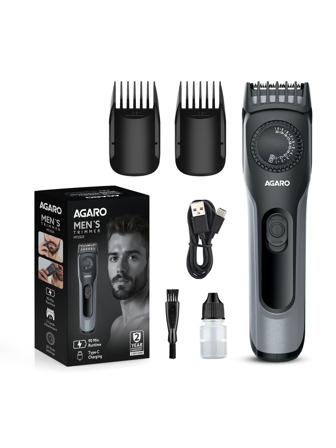 Agaro MT2525 Cordless Beard & Mustache Trimmer with USB Rechargeable - Black