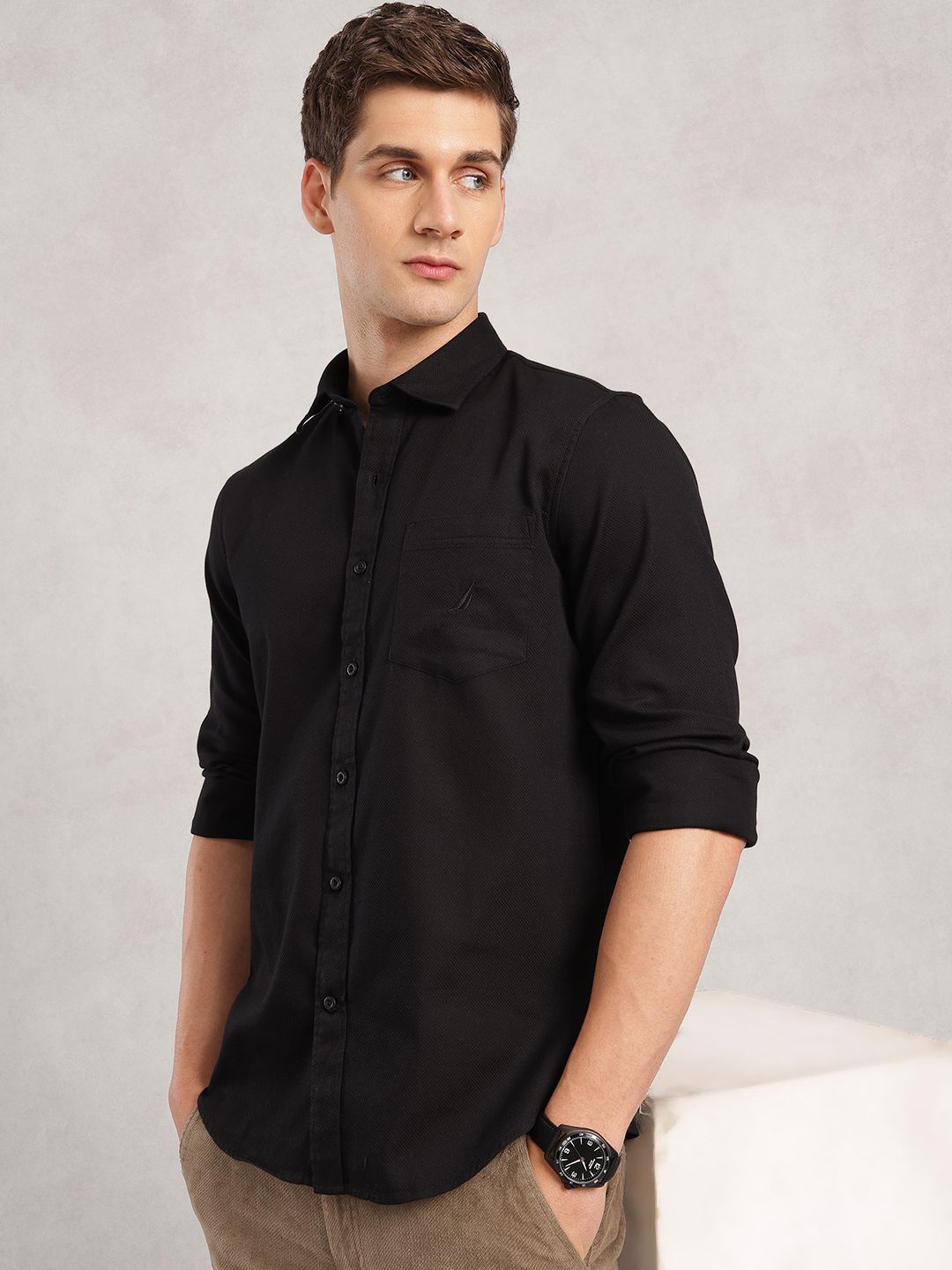 Nautica Slim Fit Textured Pure Cotton Casual Shirt