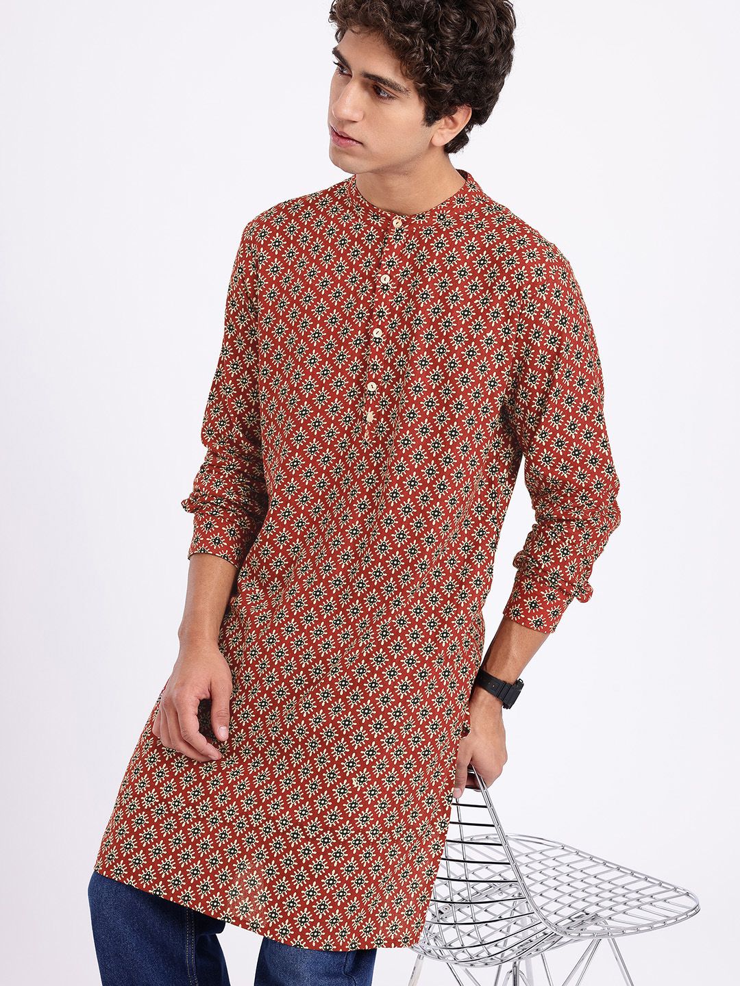 Anouk Rustic Floral Printed Band Collar Straight Kurta