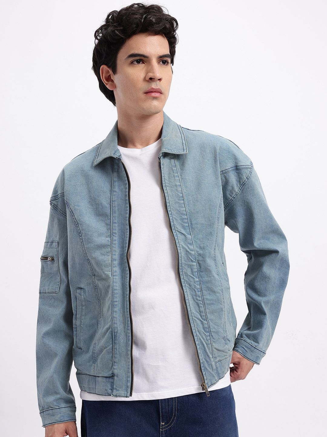 Buy glitchez Spread Collar Zip Closure Oversized Denim Jacket with