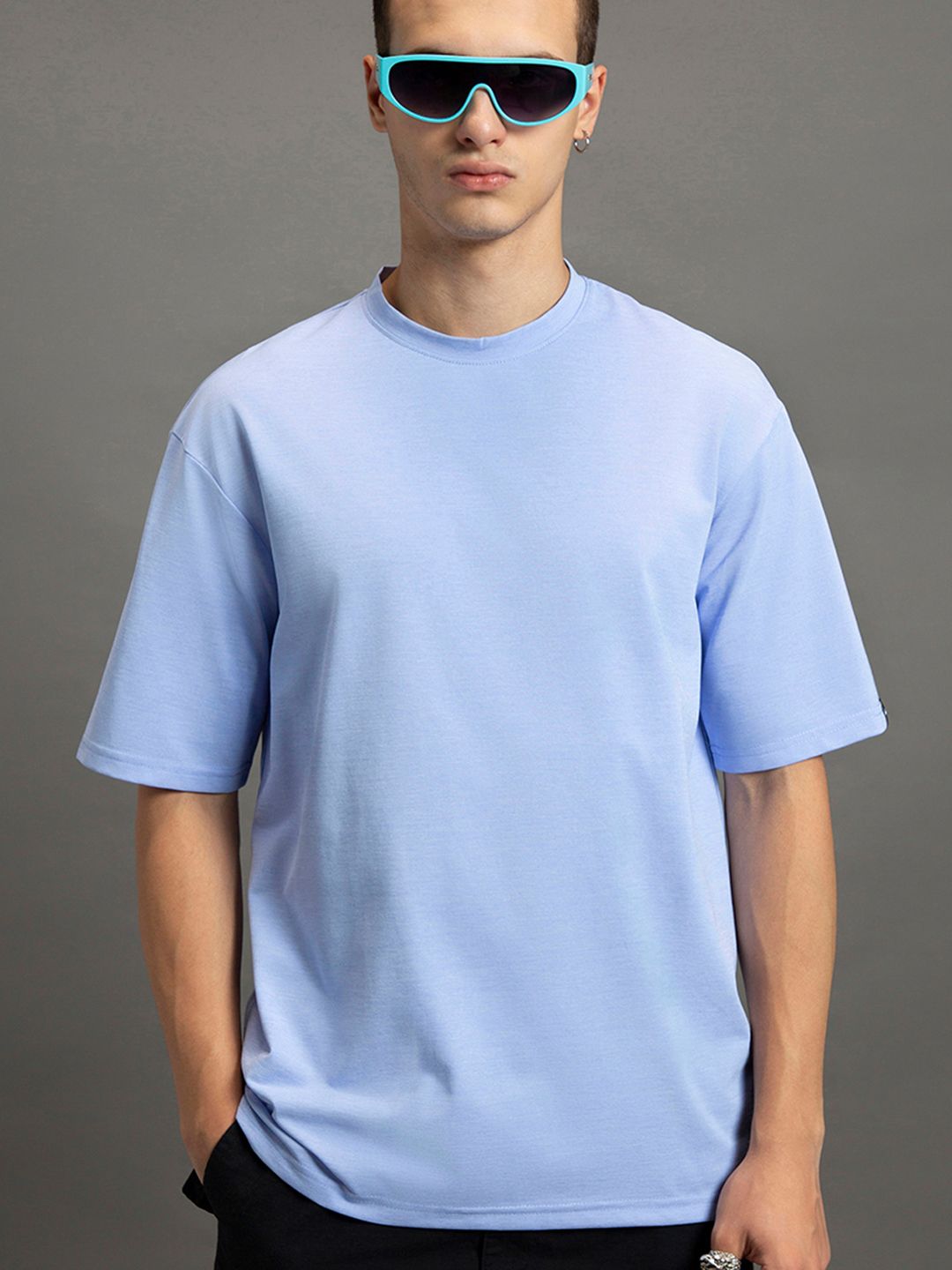 Bewakoof Blue Round Neck Short Sleeves Cotton Oversized T-shirt
