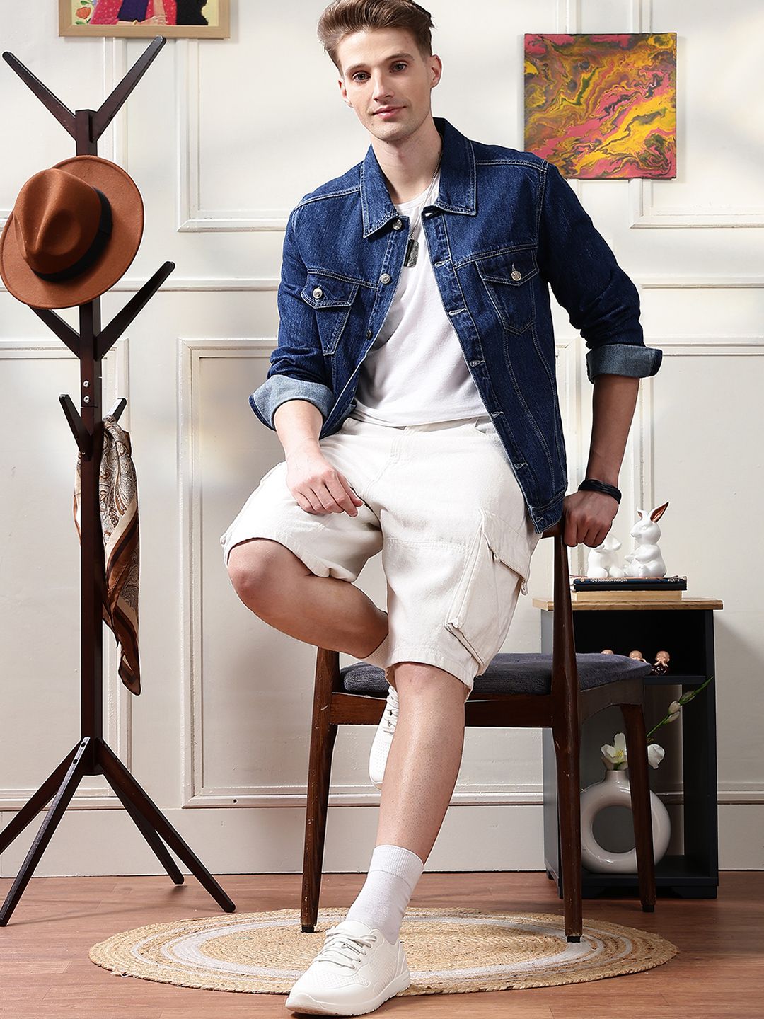 Eszett Men Solid Washed Spread Collar Denim Jacket