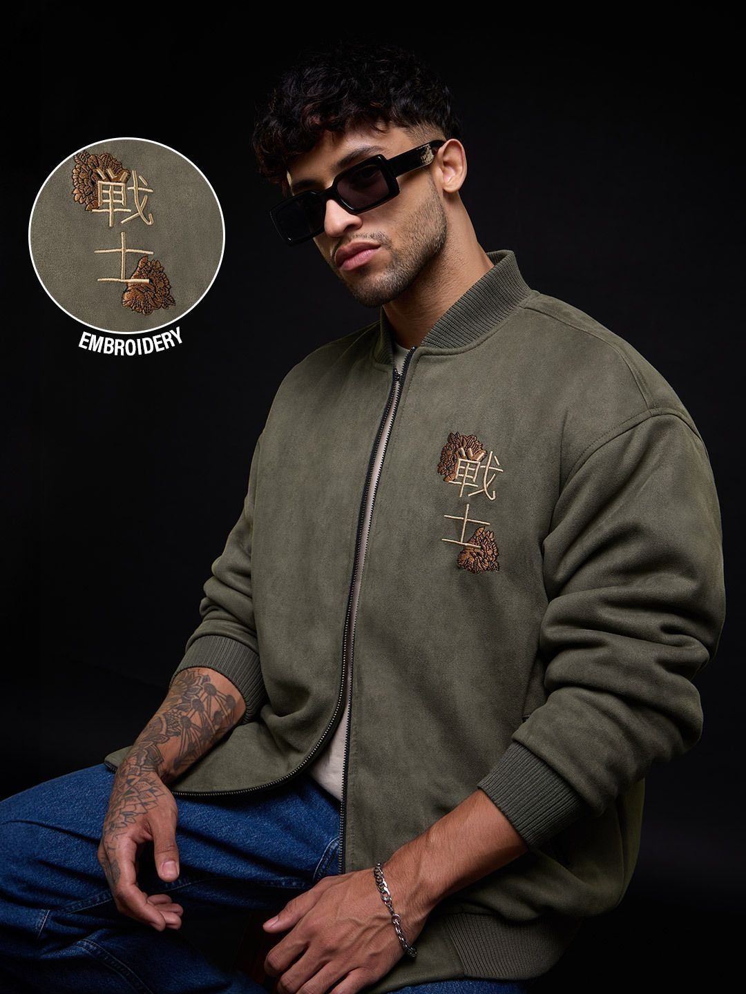 The Souled Store Men Oversized Fit Dragon Printed Olive Bomber Jackets