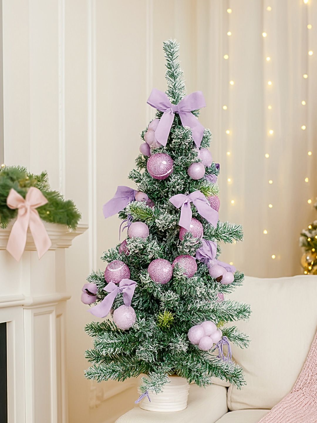 Little Surprise Box LLP Purple & Green Swirl Snowy Bushy Christmas Tree & Balls Decor