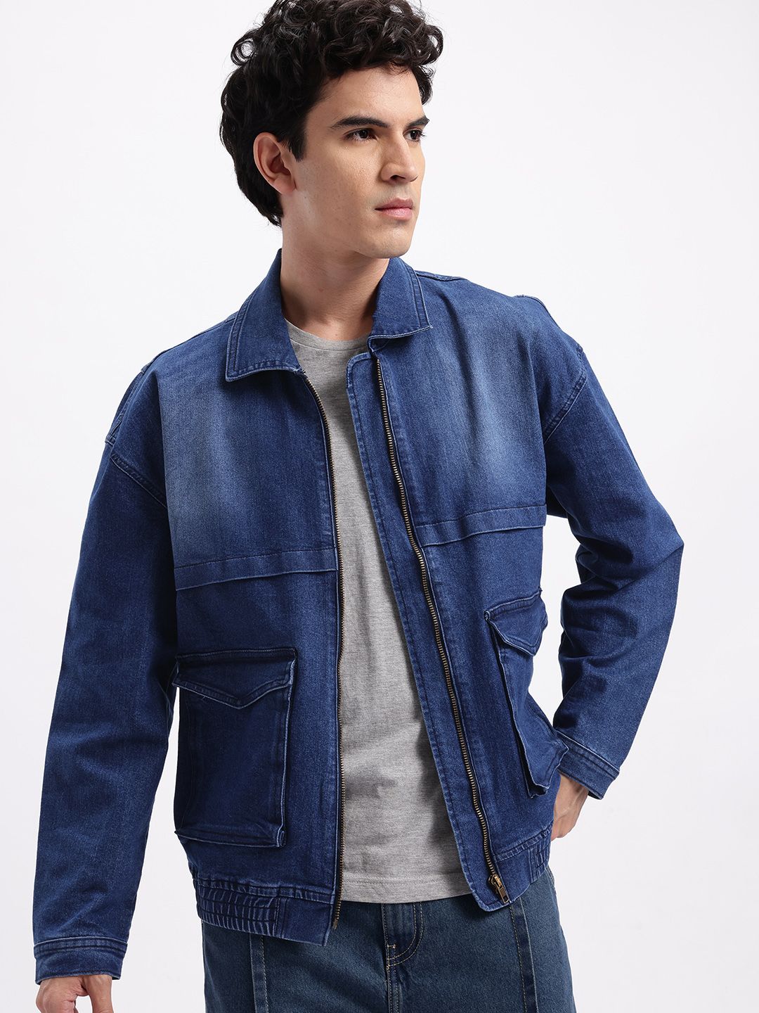 glitchez Zip Closure Oversized Denim Jacket with Flap Pockets