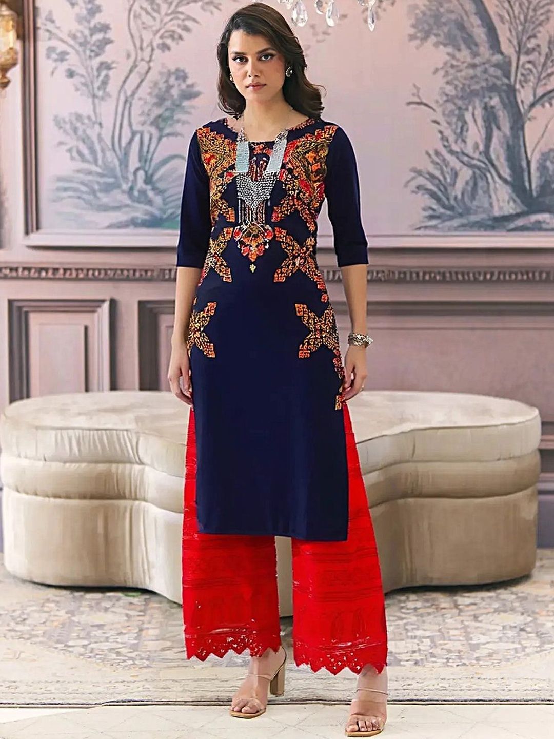 arangya Pack Of 2 Women Ethnic Motifs Embroidered Crepe Kurta