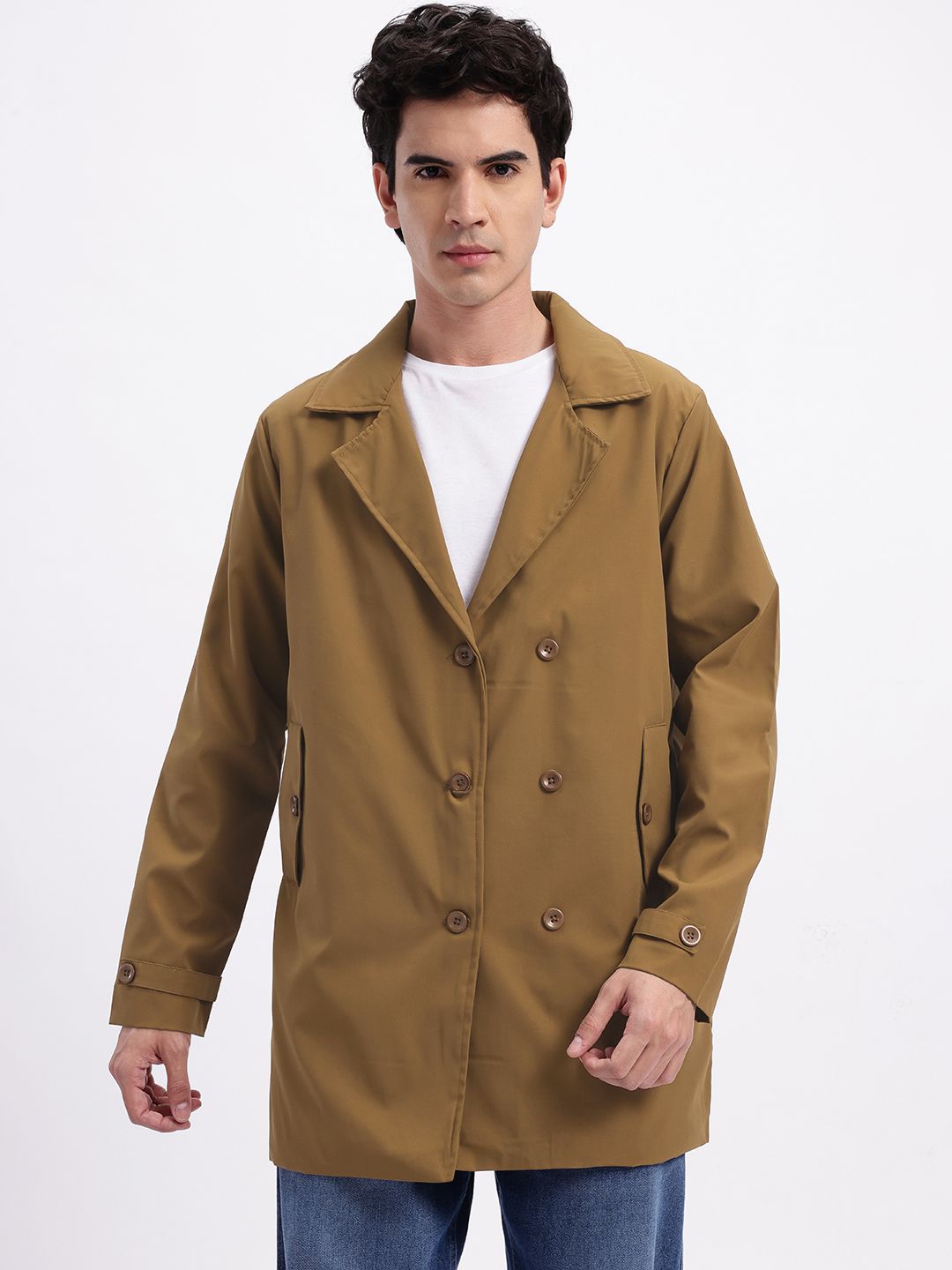 Buy glitchez Notched Lapel Double-Breasted Trench Coat - Coats for