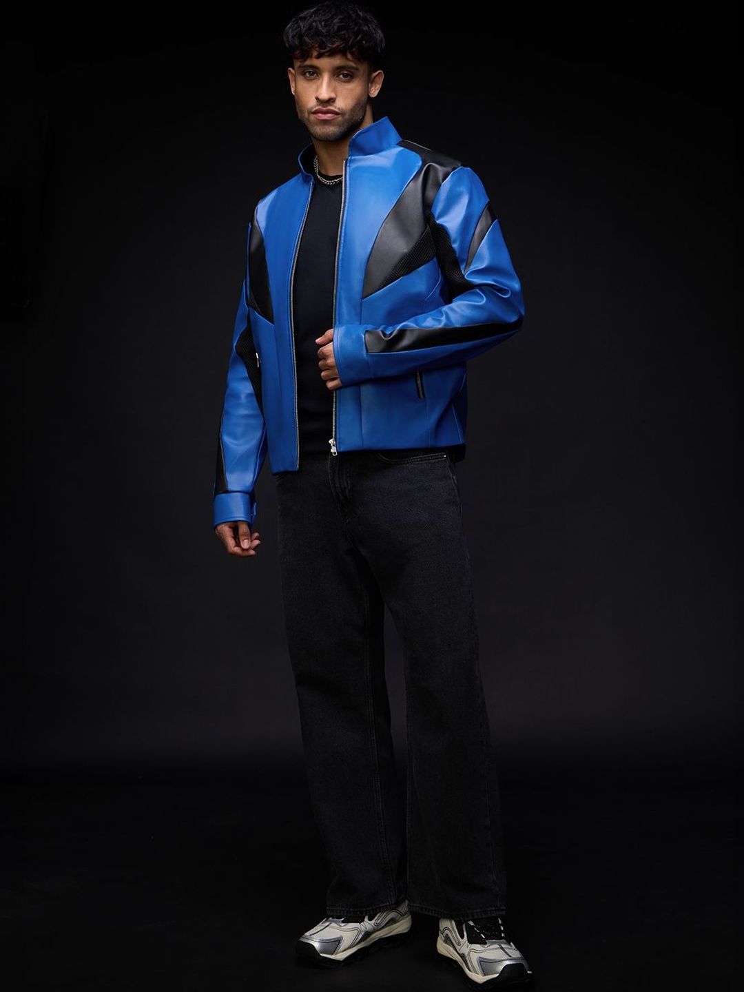 The Souled Store Men Regular Fit Colourblocked Blue Biker Jackets