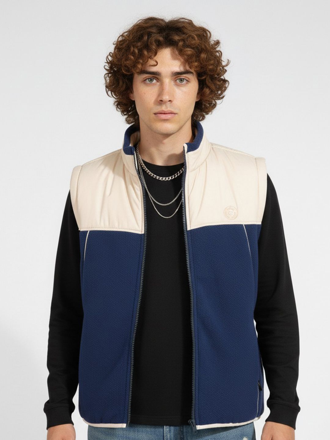 glitchez Mock Collar Colourblocked Gilet Jacket with Paneled Detail
