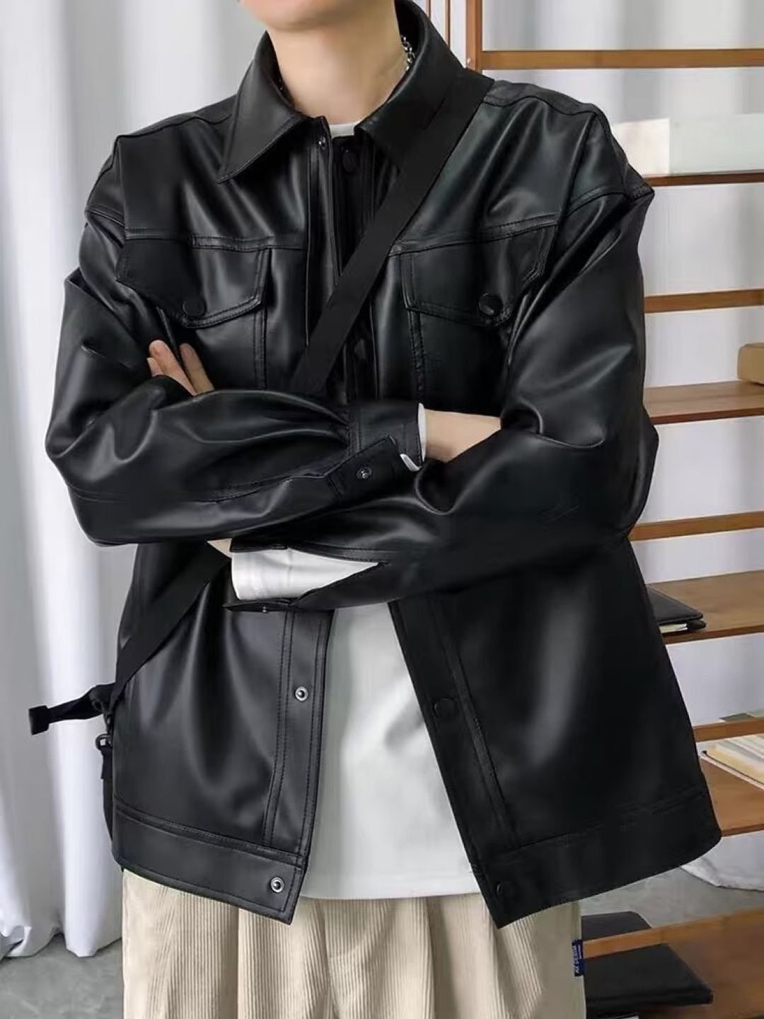 Buy KPOP Men Leather Open Front Jacket - Jackets for Men 38288518