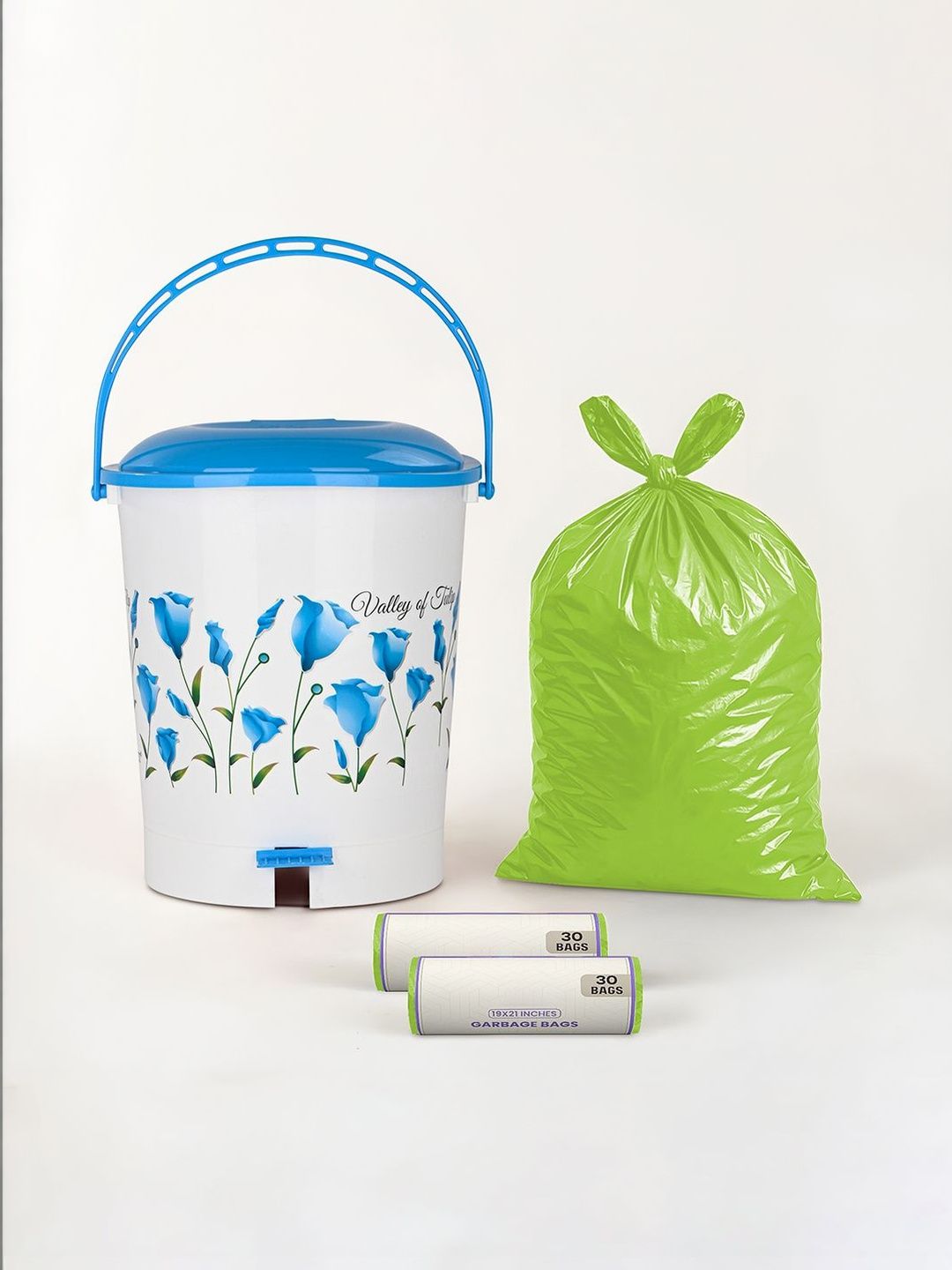 Kuber Industries White & Blue Printed Pedal Dustbin With 2 Roll Garbage Bags - 10L