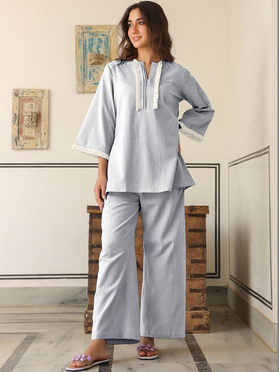 SZN Grey Solid V-Neck Tunic & Trousers Co-Ords