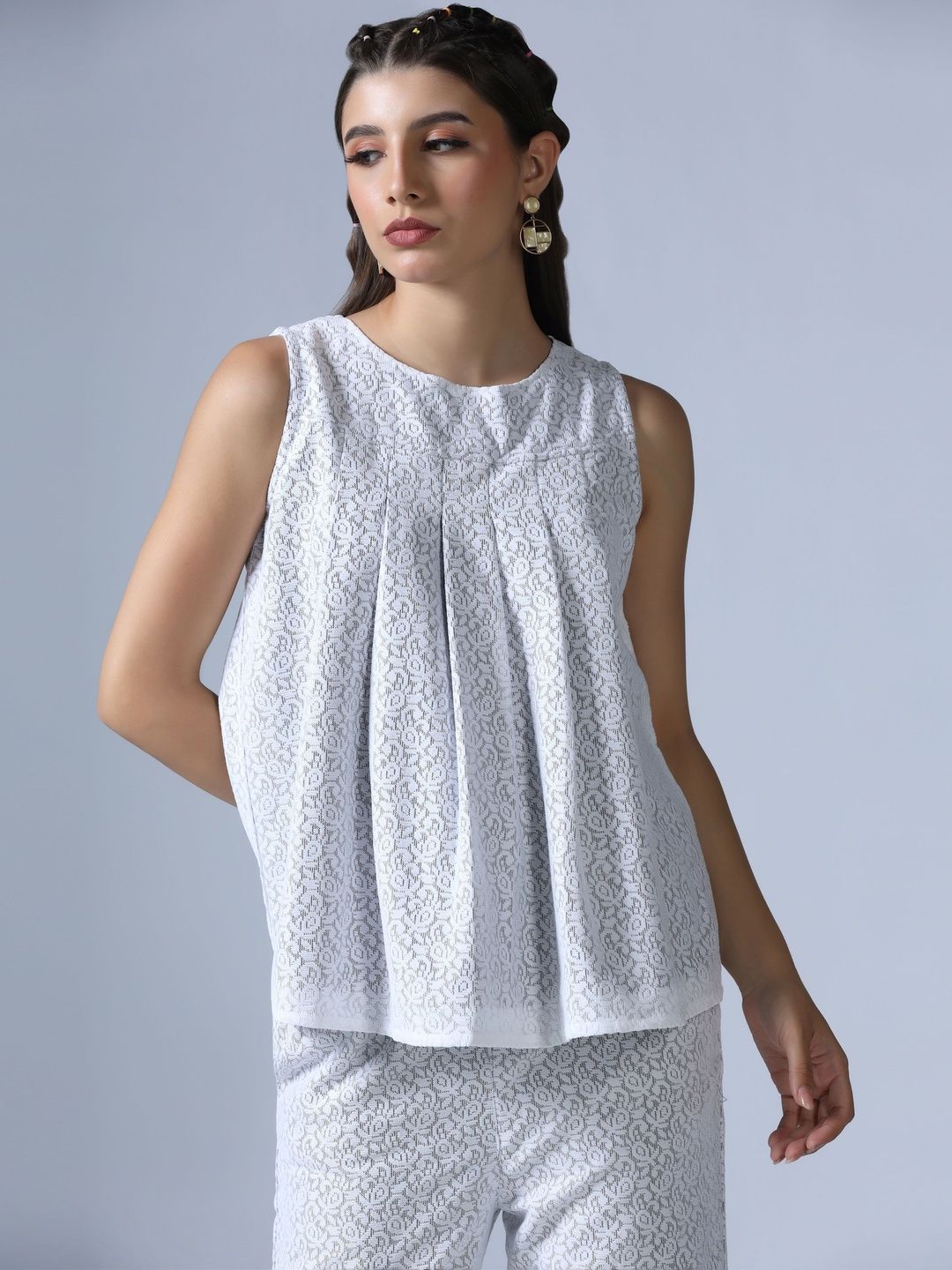 SZN White Printed Round Neck Sleeveless Top & Trouser Co-Ords