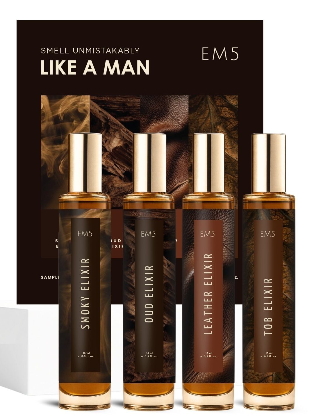 EM5 Men Set Of 4 Smoky Elixir Oud Elixir Leather Elixir & Tob Elixir EDP - 15 ml Each