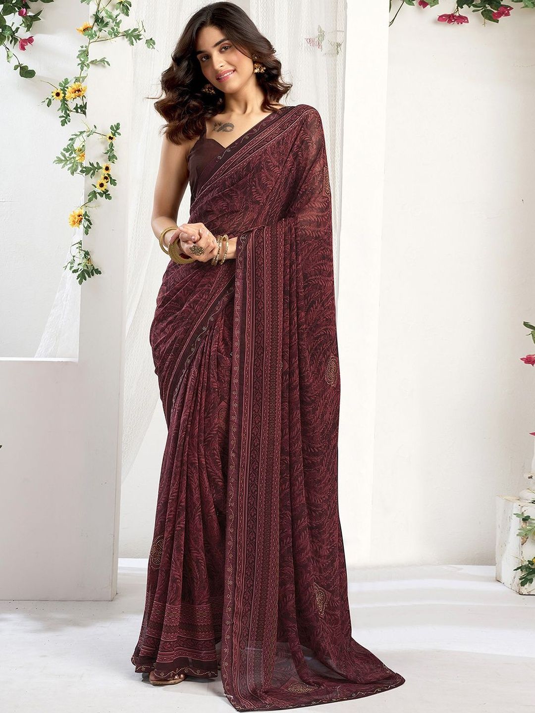 Anouk Rustic Ethnic Motifs Beads and Stones Poly Georgette Designer Saree