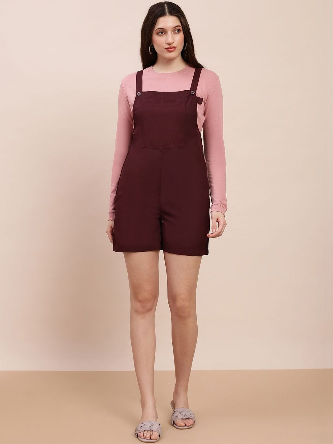 Globus Square Neck Shoulder Straps Solid Big Front Pocket Playsuit