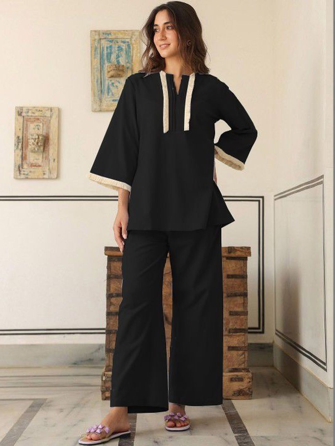 SZN Casual Solid Mandarin Collar Tunic & Trousers Co-Ords